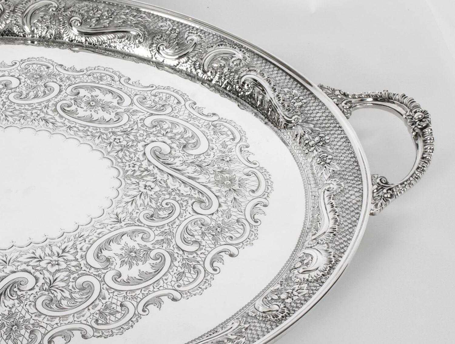 Antique Oval Victorian Silver Plated Tray by Mappin & Webb, 19th Century 2