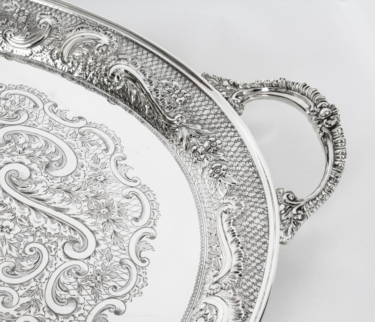 Antique Oval Victorian Silver Plated Tray by Mappin & Webb, 19th Century 3