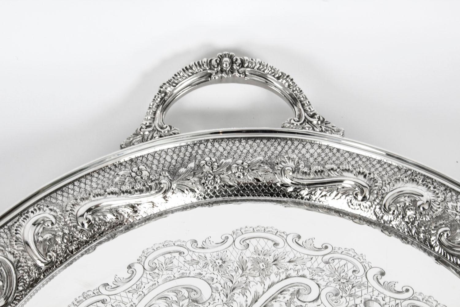 Antique Oval Victorian Silver Plated Tray by Mappin & Webb, 19th Century 4