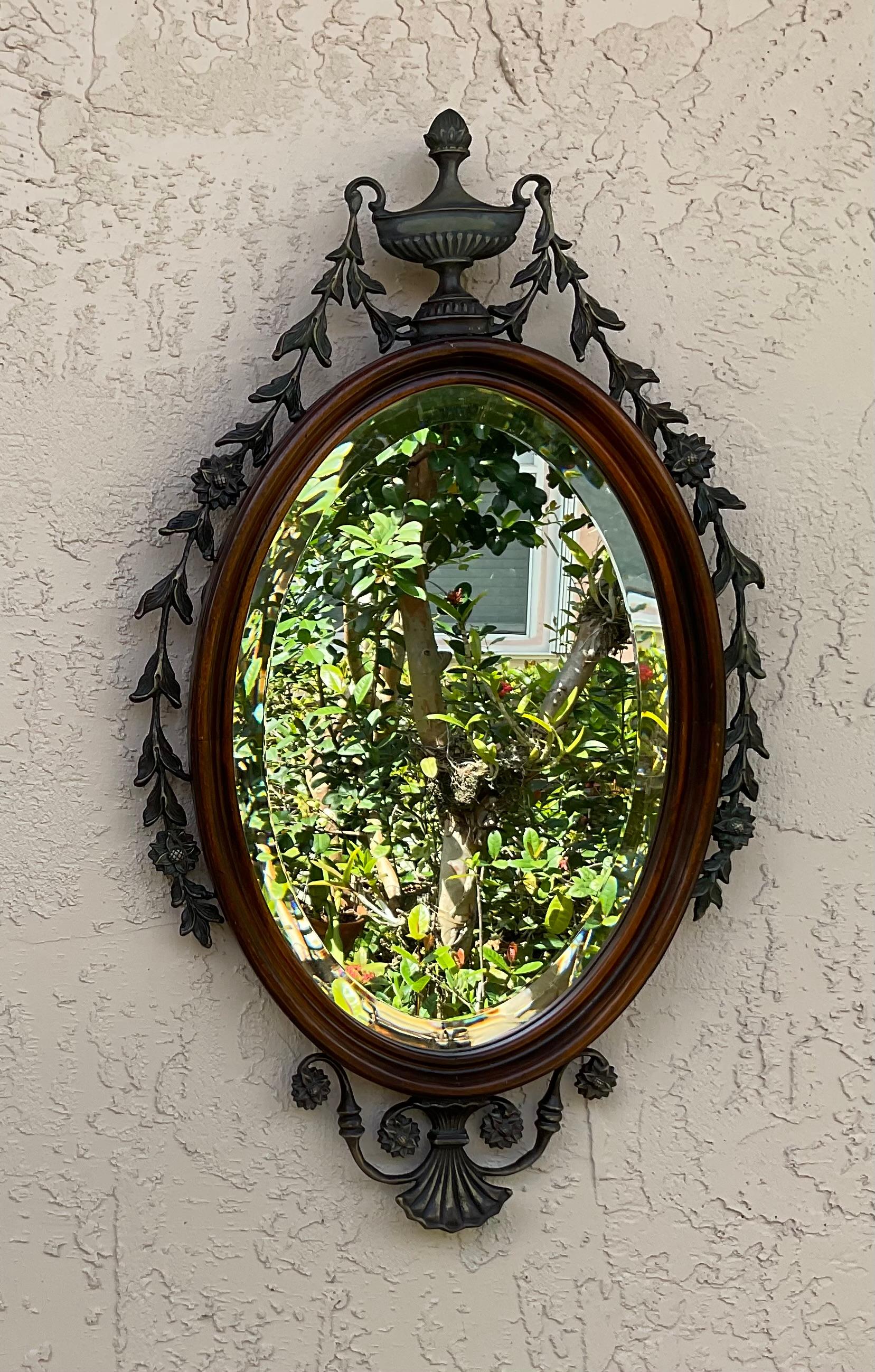Antique Oval Wood And Bronze Wall Mirror  For Sale 5