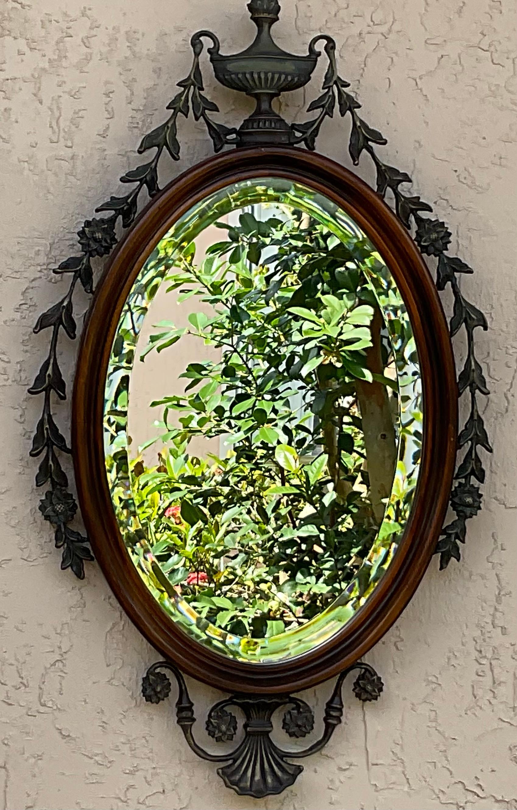 American Antique Oval Wood And Bronze Wall Mirror  For Sale