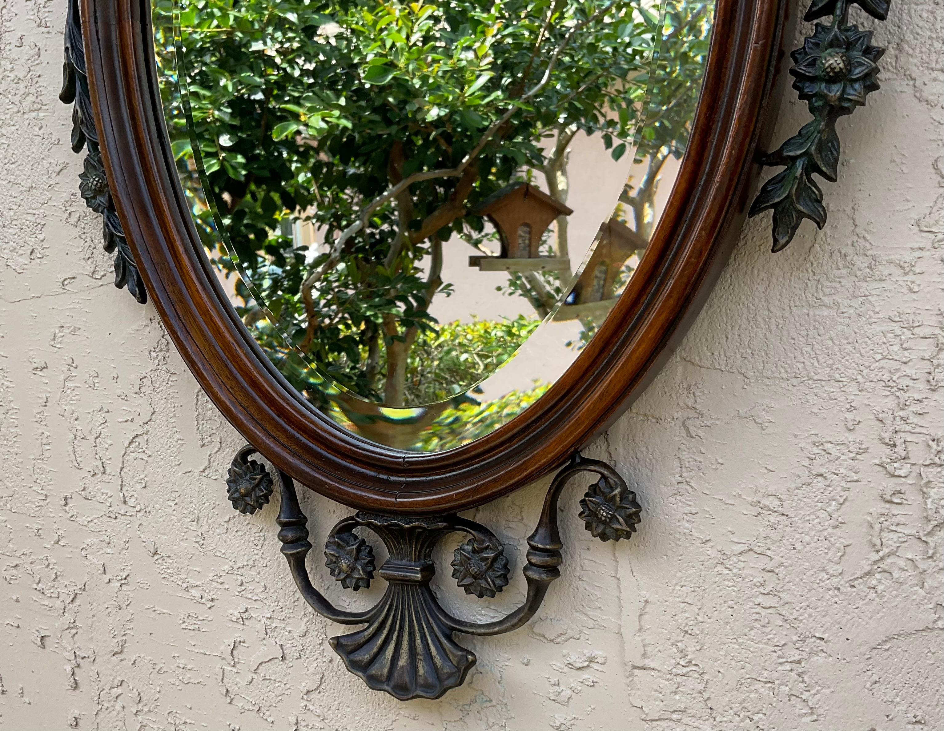 Antique Oval Wood And Bronze Wall Mirror  In Good Condition For Sale In Delray Beach, FL