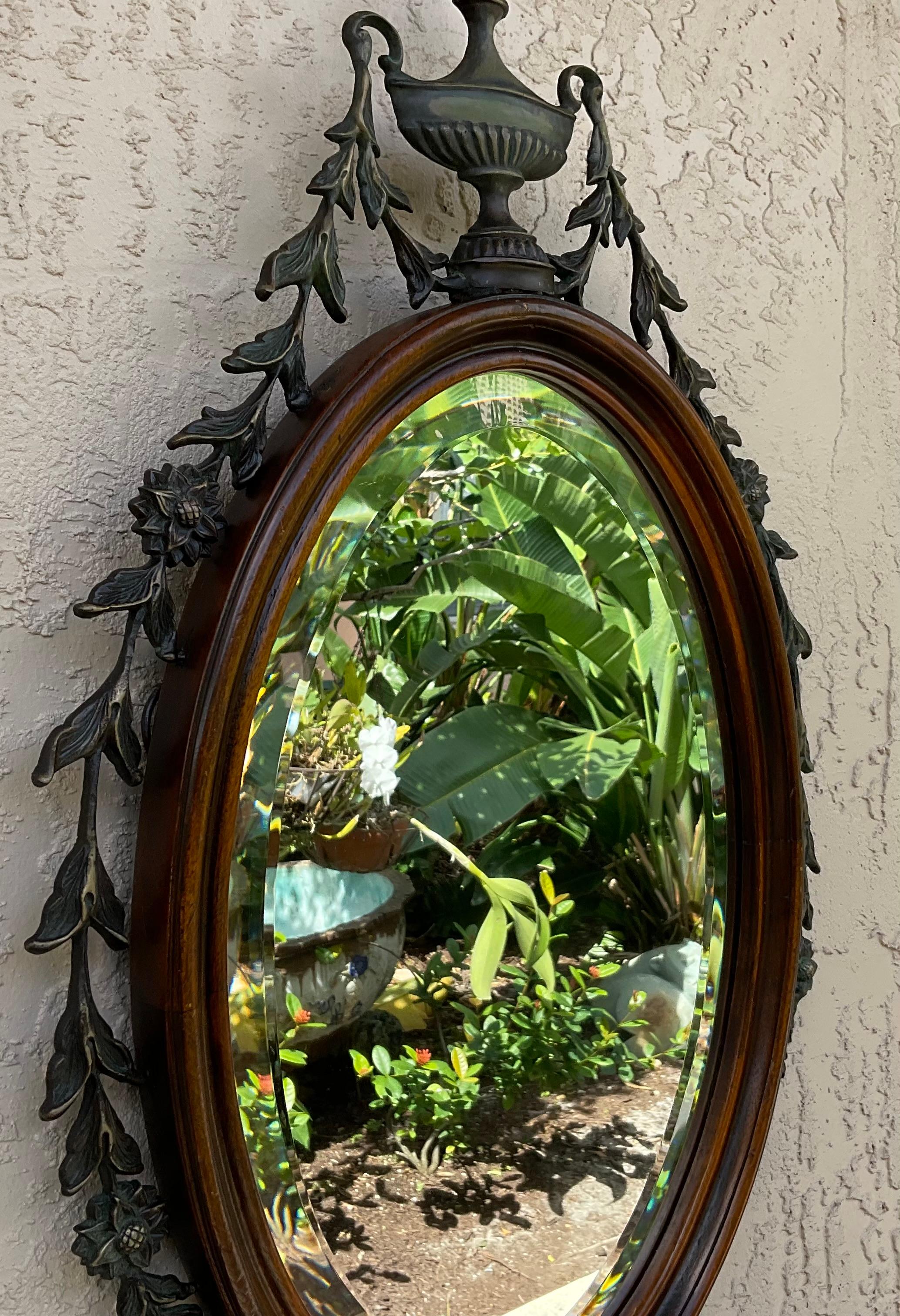 20th Century Antique Oval Wood And Bronze Wall Mirror  For Sale