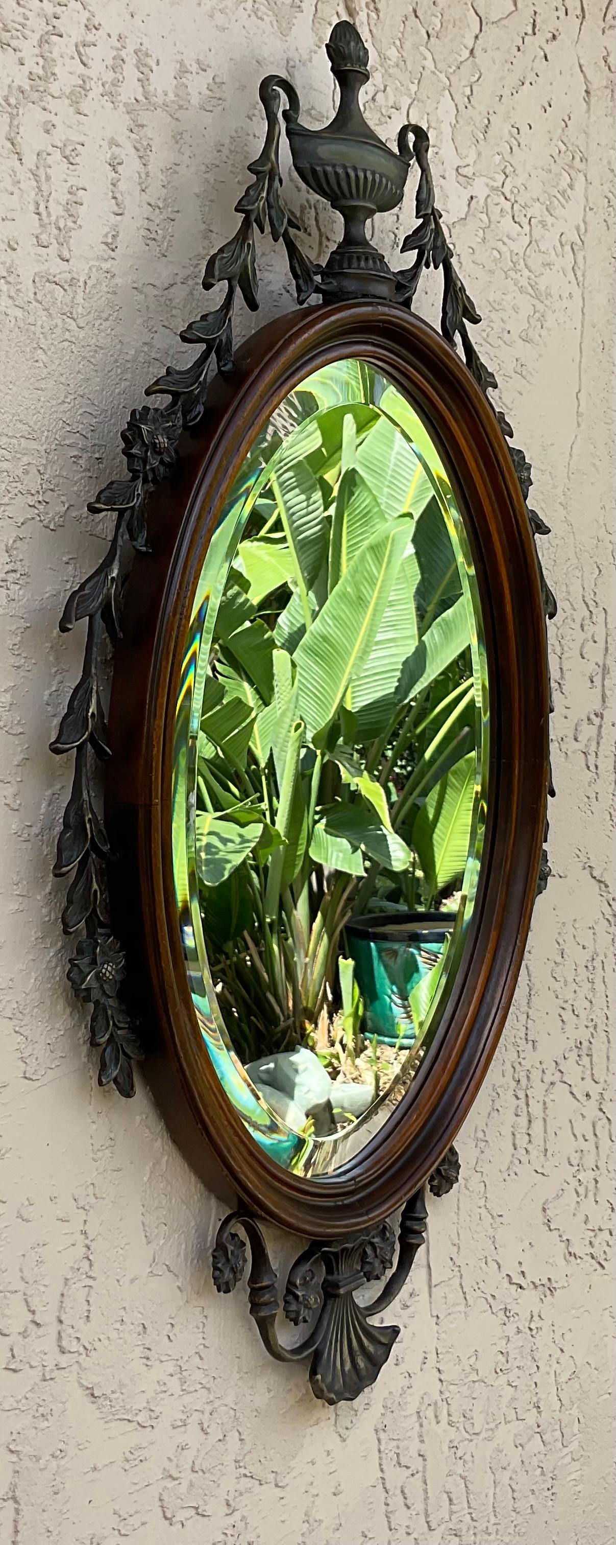 Antique Oval Wood And Bronze Wall Mirror  For Sale 1