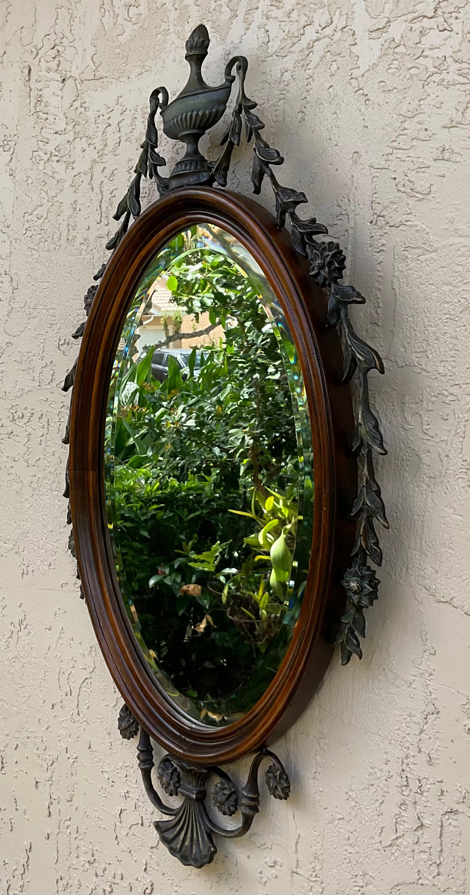 Antique Oval Wood And Bronze Wall Mirror  For Sale 3