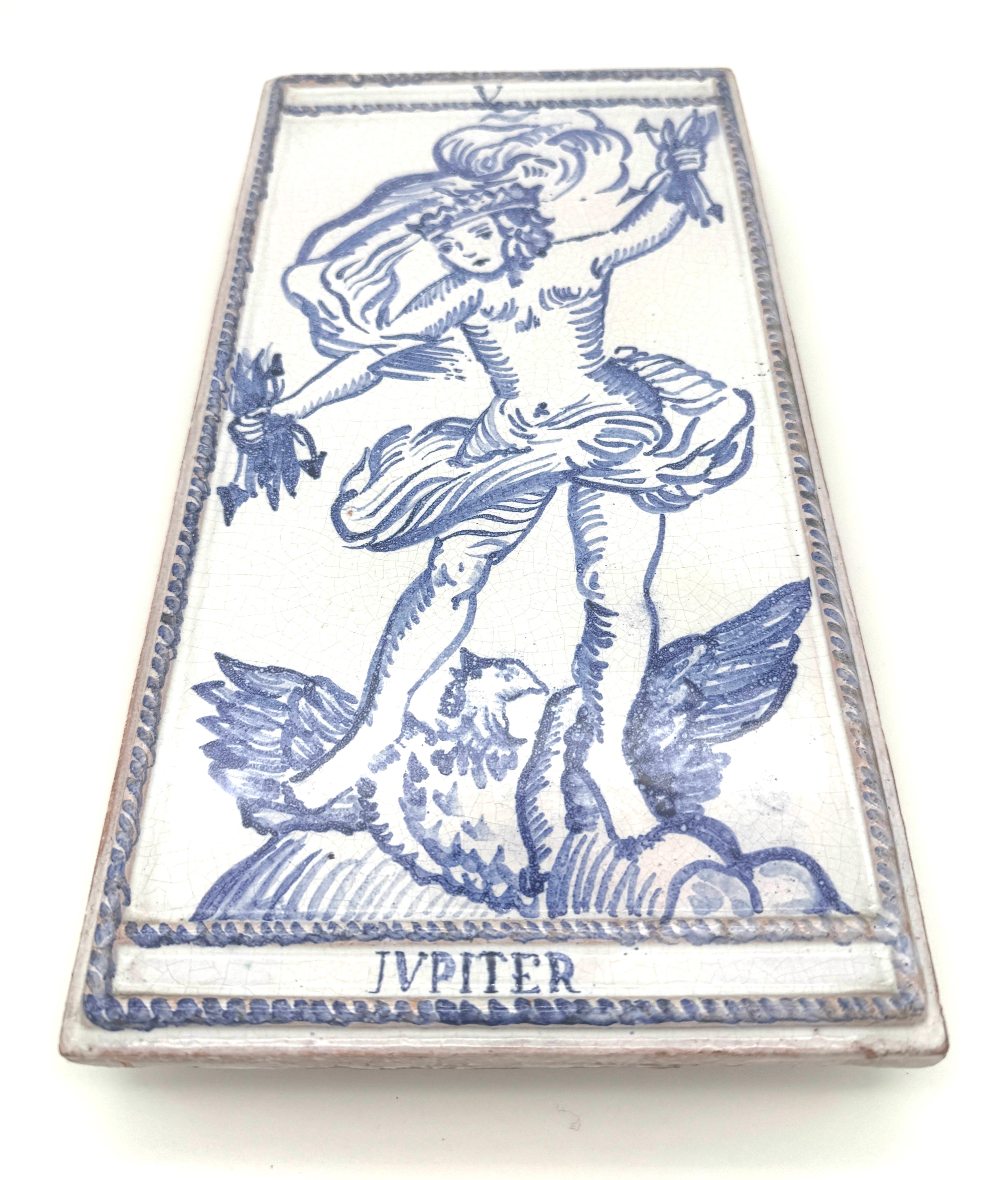 Art Nouveau Antique Oven Tile Jupiter Fulgur with Crown Standing on an Eagle Holding Flashes For Sale