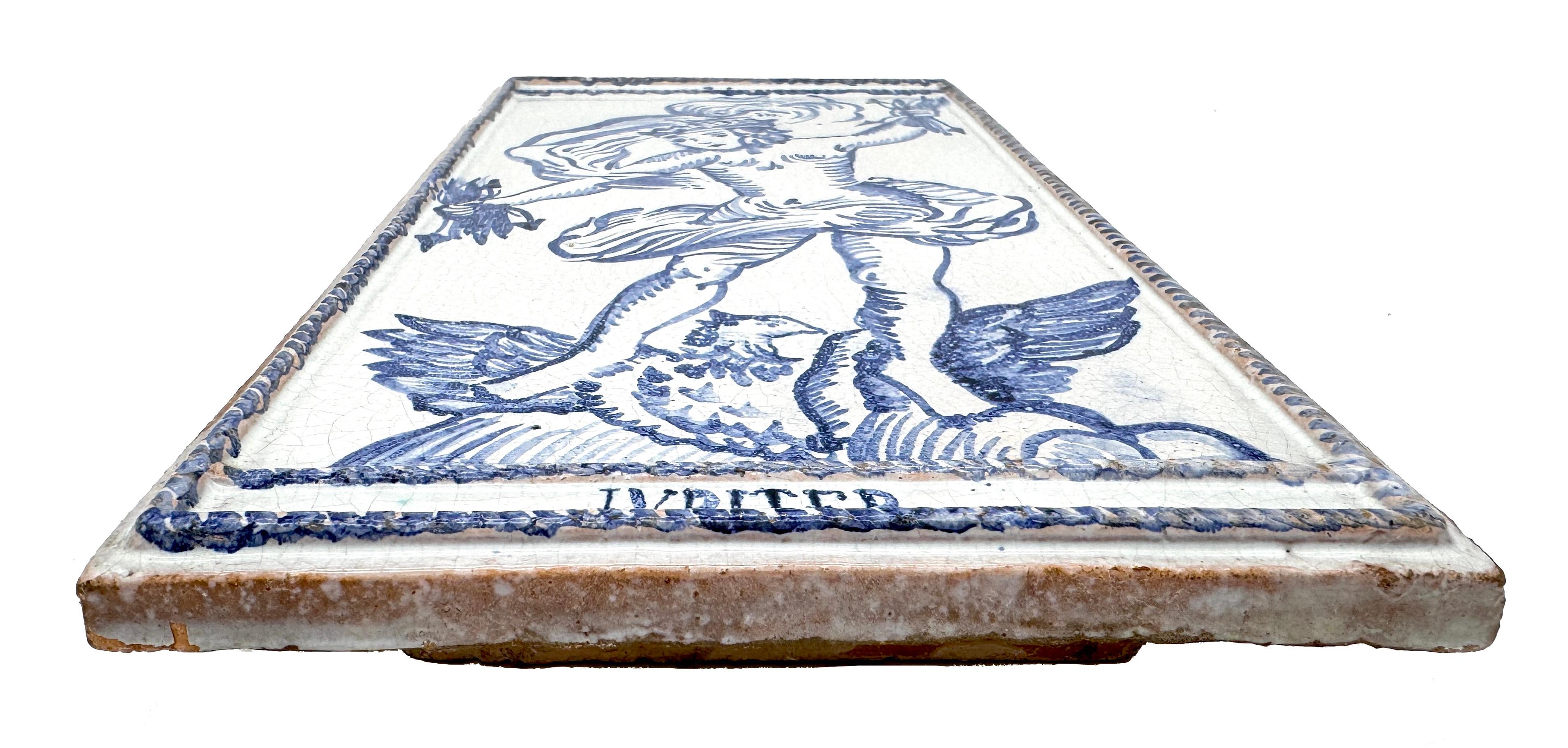 Austrian Antique Oven Tile Jupiter Fulgur with Crown Standing on an Eagle Holding Flashes For Sale