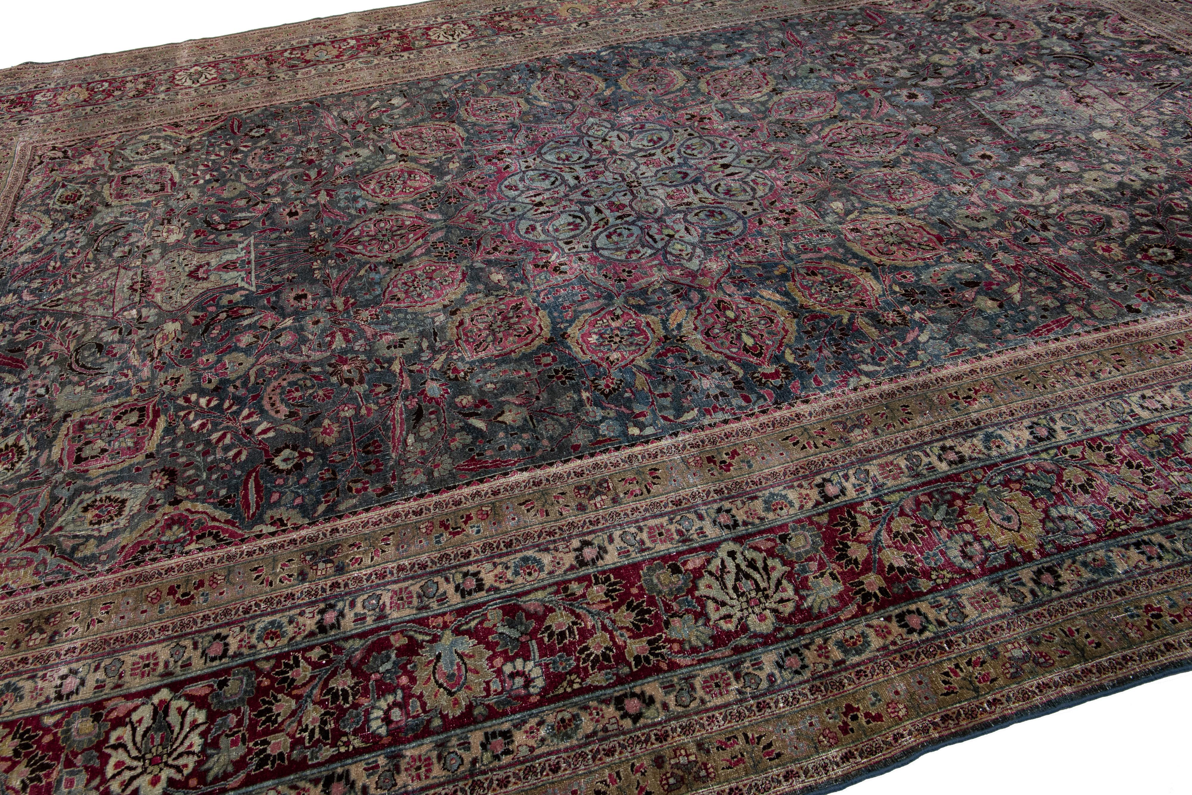 Antique Overdyed Handmade Grey & Pink Medallion Persian Wool Rug In Distressed Condition For Sale In Norwalk, CT