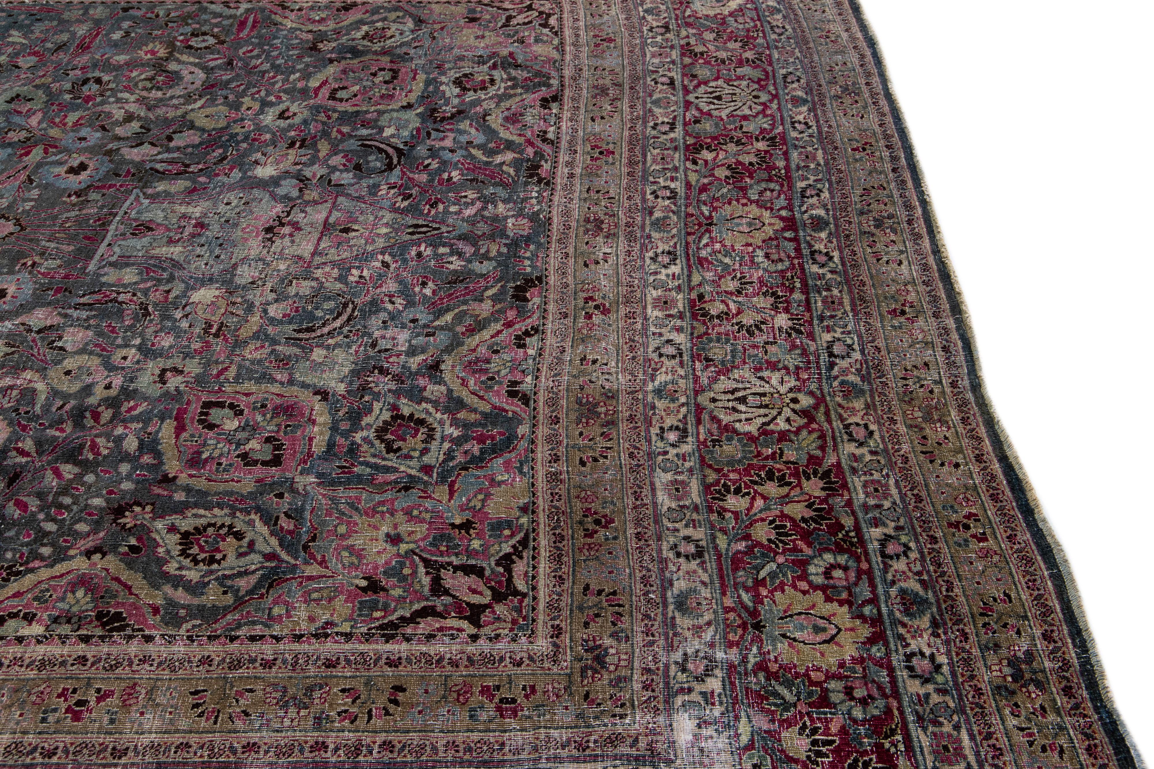 Antique Overdyed Handmade Grey & Pink Medallion Persian Wool Rug For Sale 1