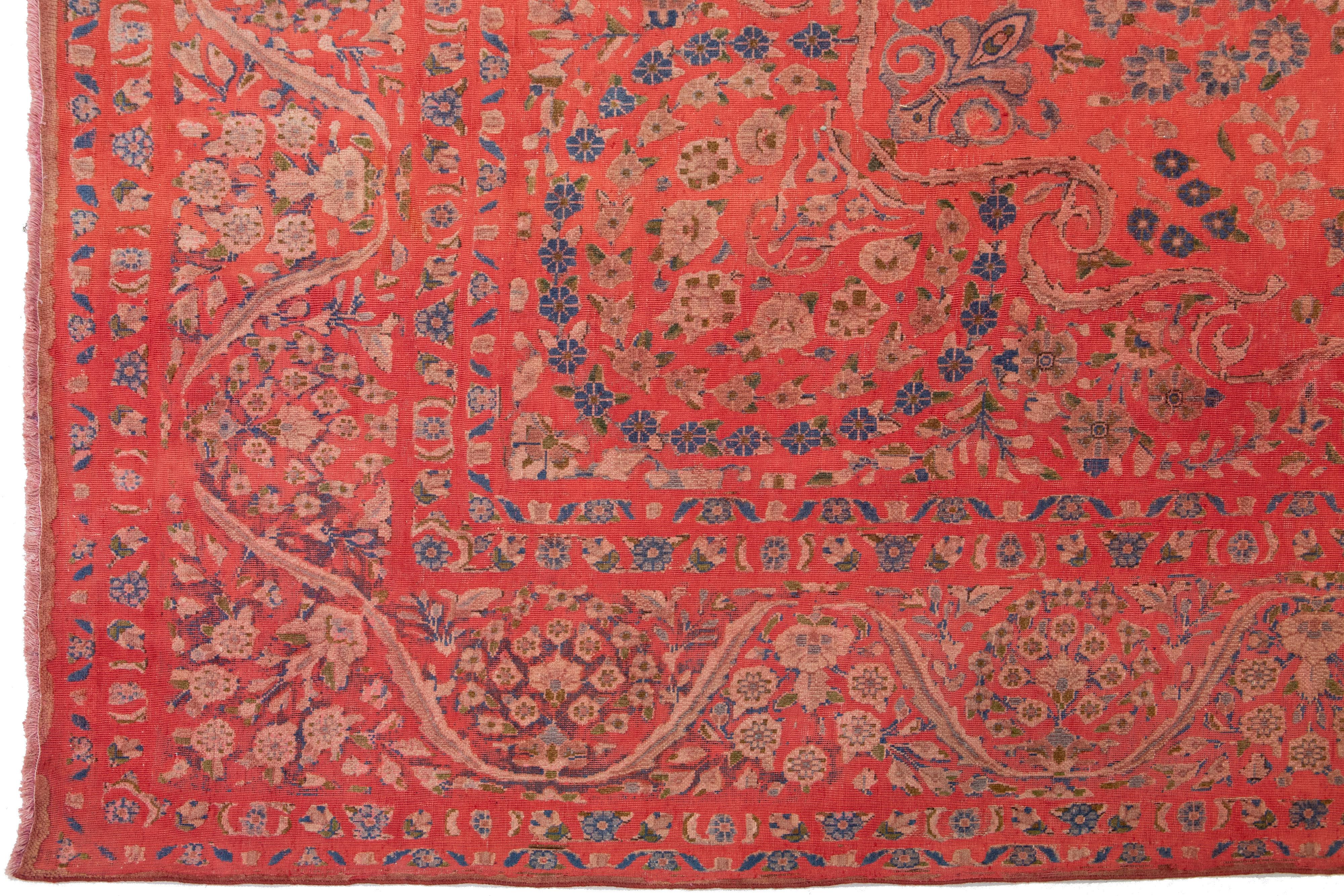 Antique  Overdyed Red Wool Rug With Rosette Design For Sale 1