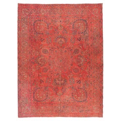 Vintage  Overdyed Red Wool Rug With Rosette Design