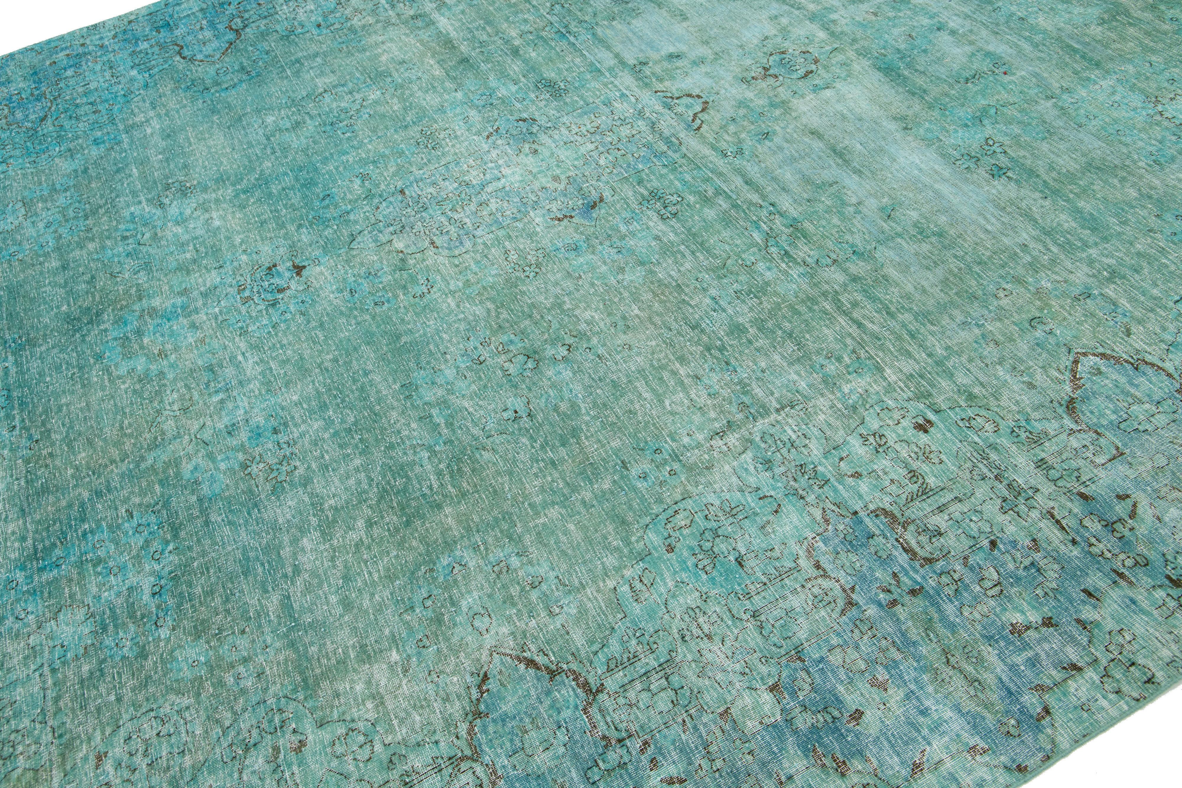 Antique Overdyed Wool Rug With Allover Design In Turquoise For Sale 3