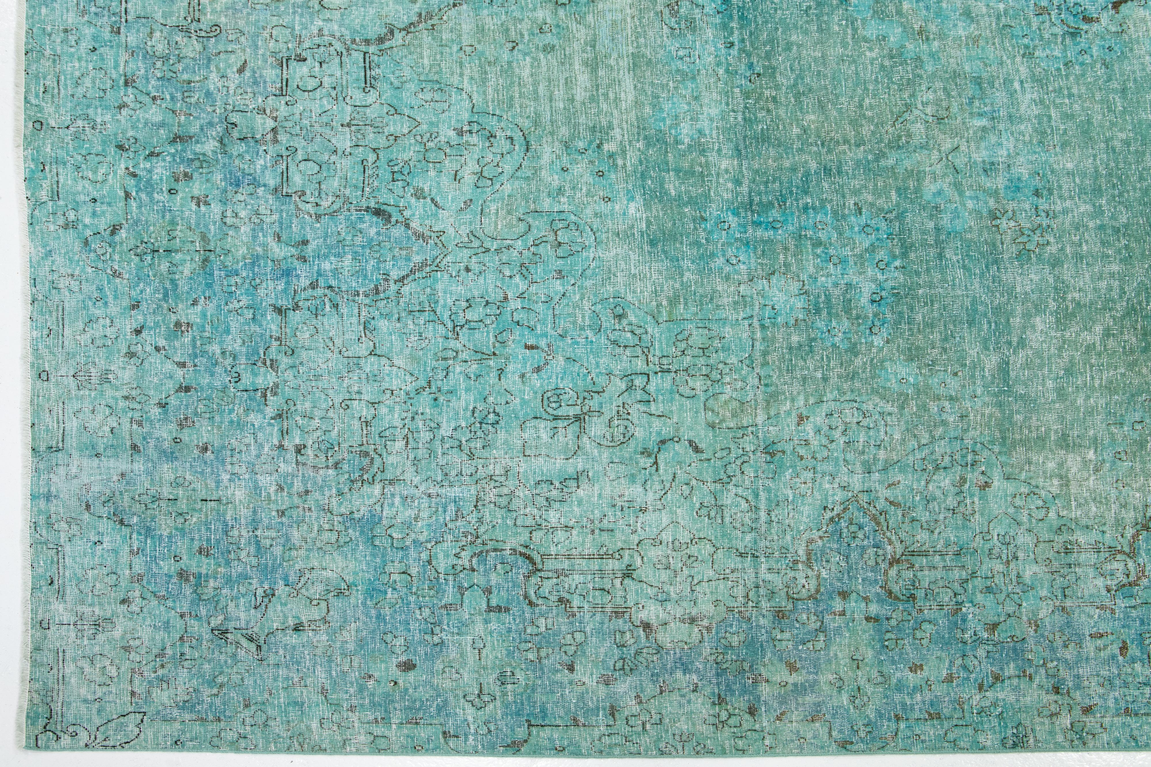 Persian Antique Overdyed Wool Rug With Allover Design In Turquoise For Sale