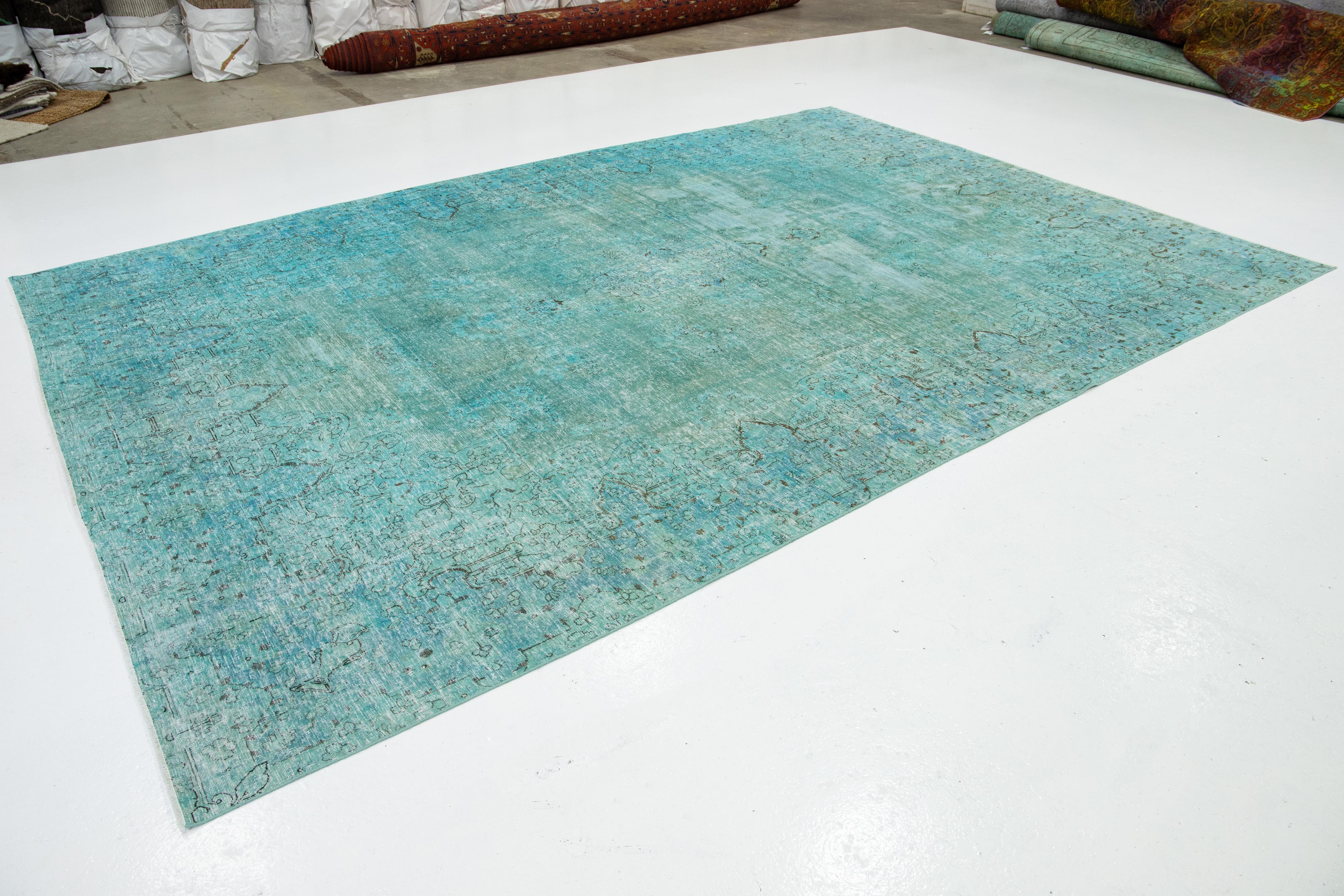 Hand-Knotted Antique Overdyed Wool Rug With Allover Design In Turquoise For Sale