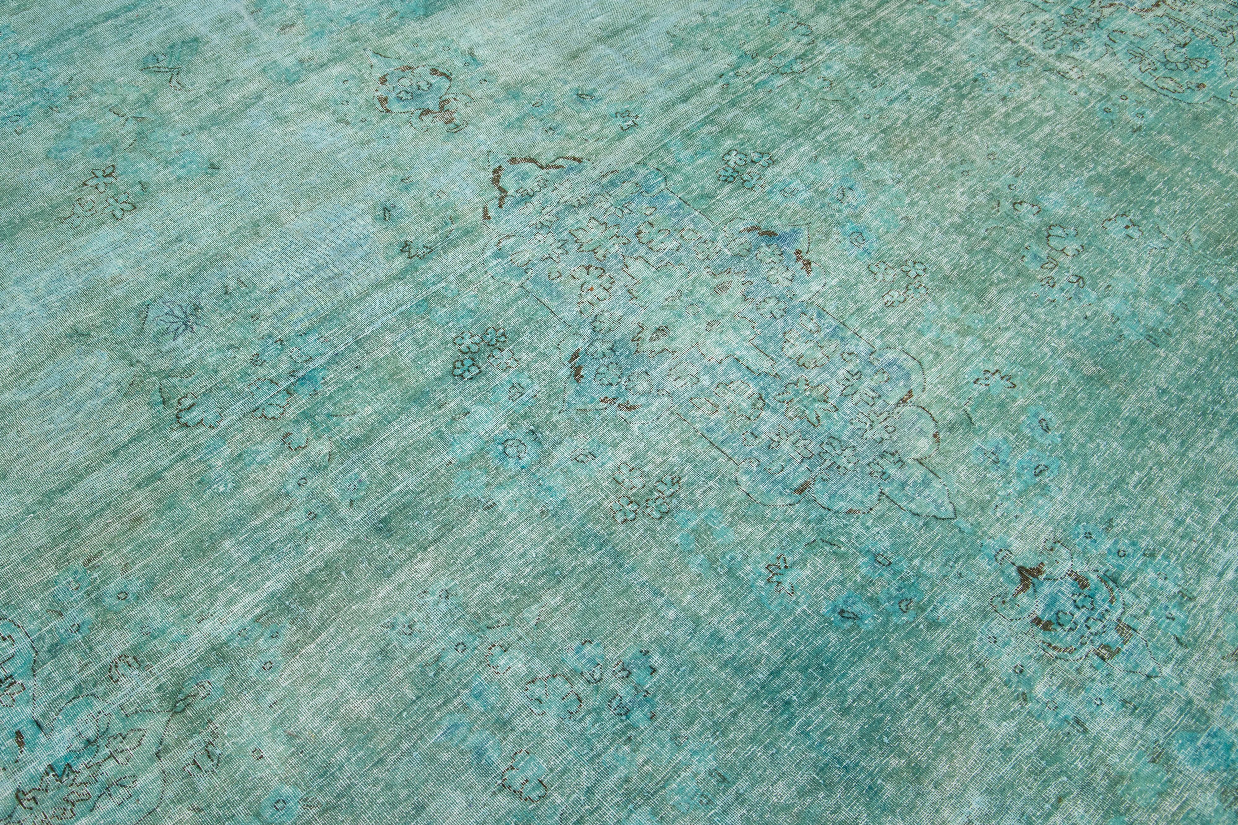 20th Century Antique Overdyed Wool Rug With Allover Design In Turquoise For Sale