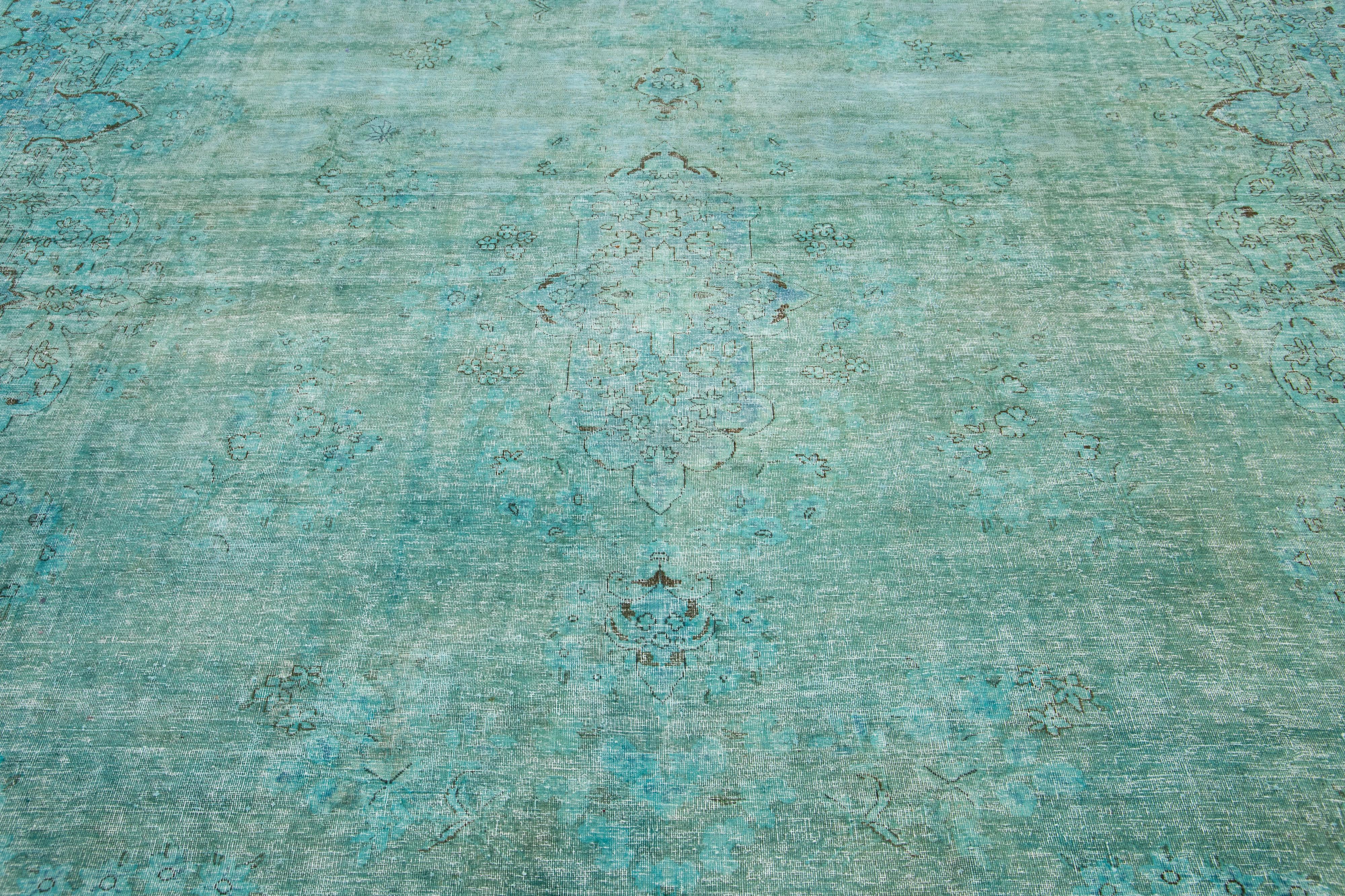 Antique Overdyed Wool Rug With Allover Design In Turquoise For Sale 1