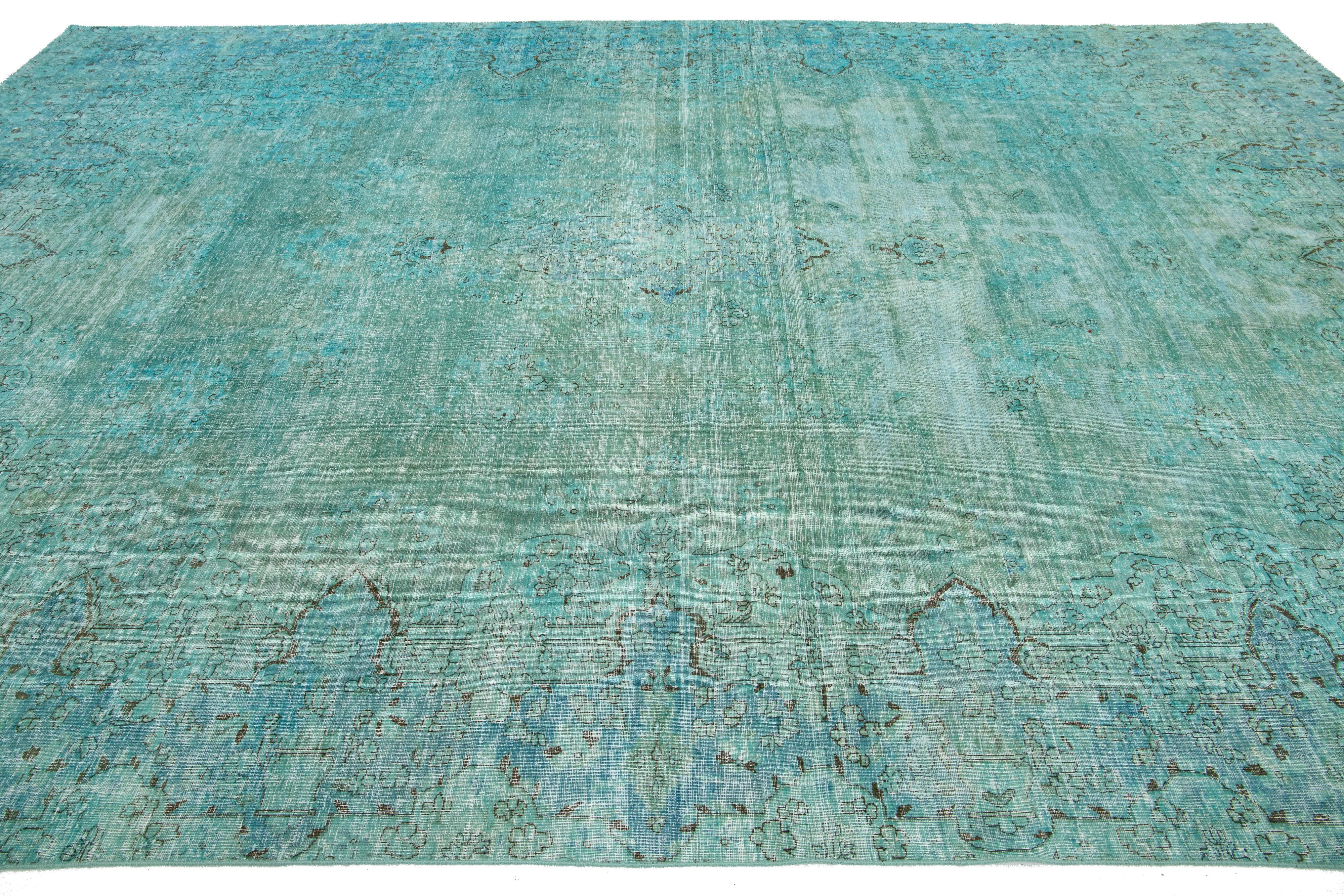 Antique Overdyed Wool Rug With Allover Design In Turquoise For Sale 2