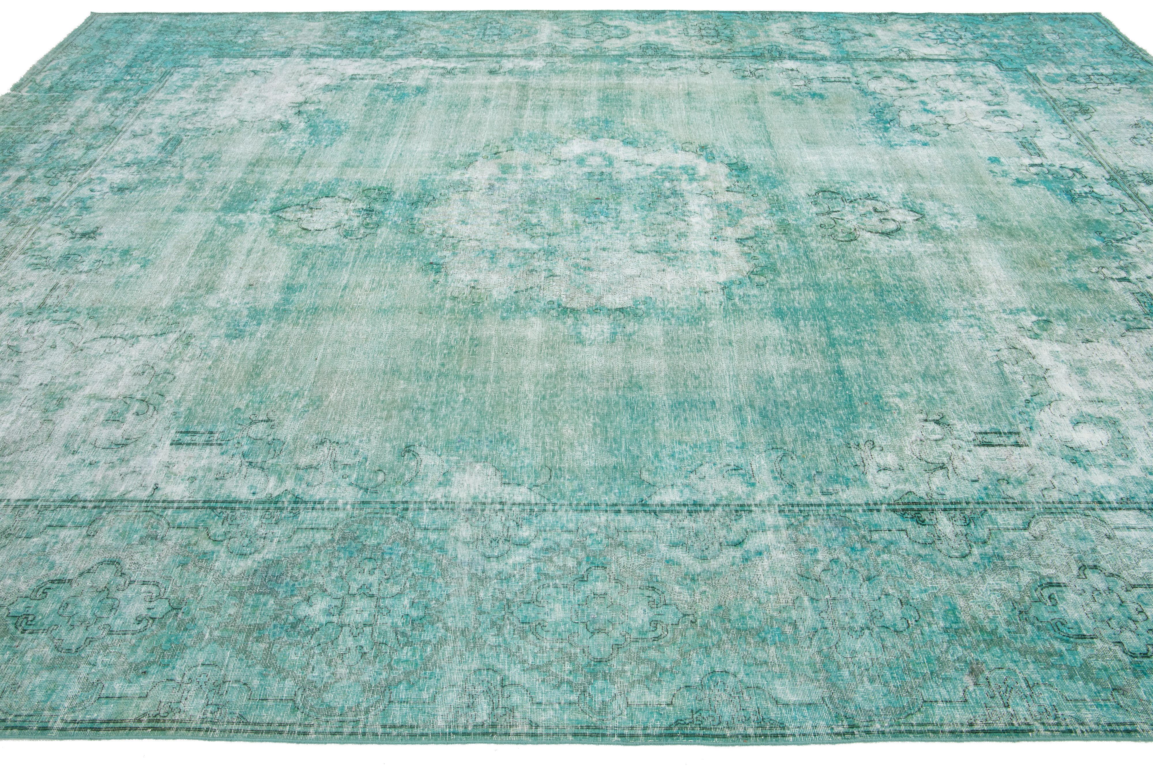   Antique Overdyed Wool Rug With Allover Motif In Light Green In Good Condition For Sale In Norwalk, CT