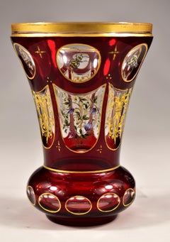 Antique Overlay Ruby Goblet Cut and Painted 19 th century