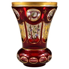 Antique Overlay Ruby Goblet Cut and Painted 19 th century