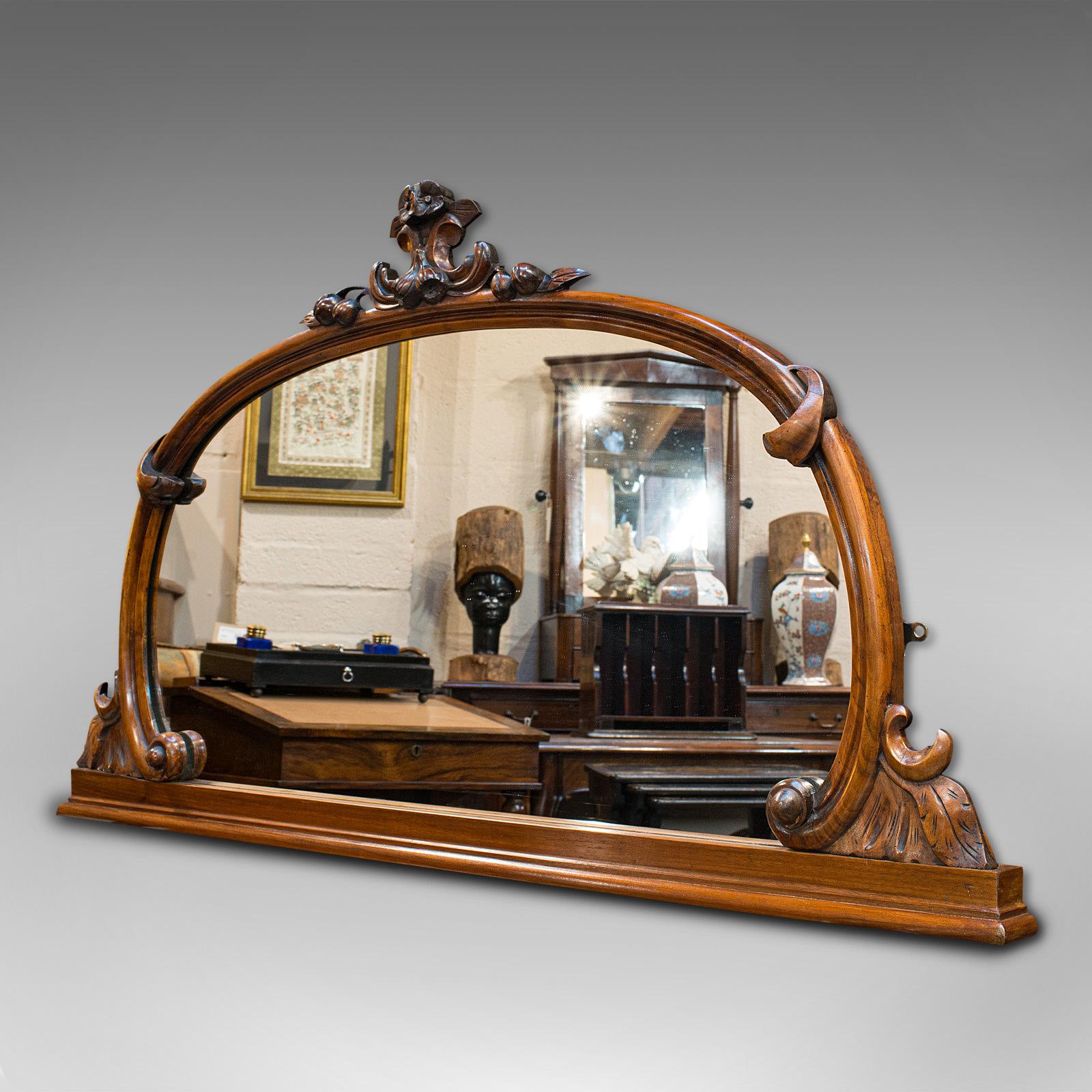 British Antique Overmantel Mirror, English, Walnut, Glass, Hall, Victorian, circa 1860
