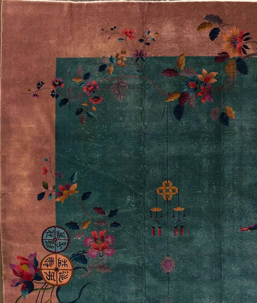 Hand-Knotted Antique Oversize Green Chinese Art Deco Carpet