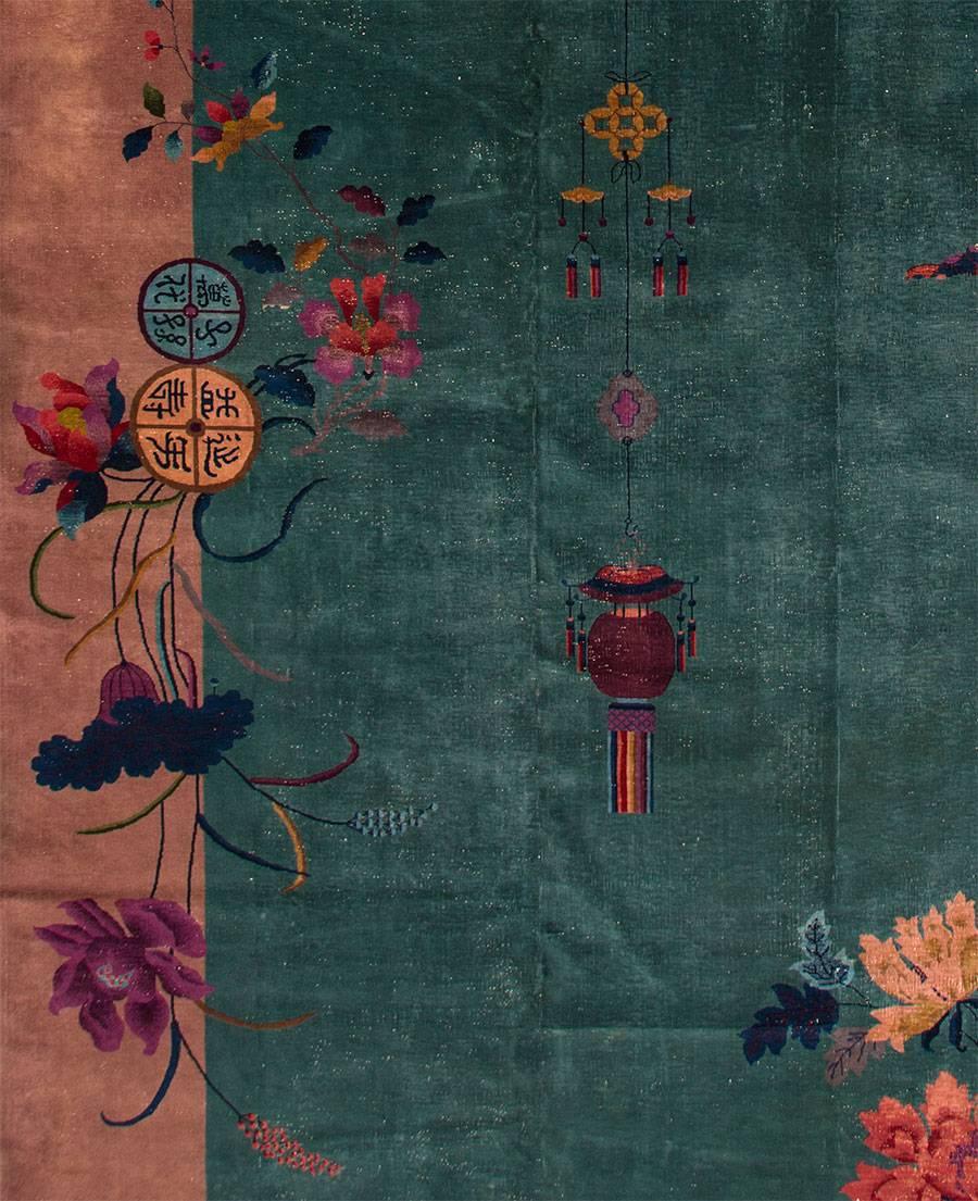 Early 20th Century Antique Oversize Green Chinese Art Deco Carpet
