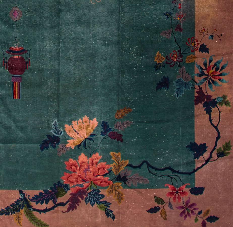 Wool Antique Oversize Green Chinese Art Deco Carpet