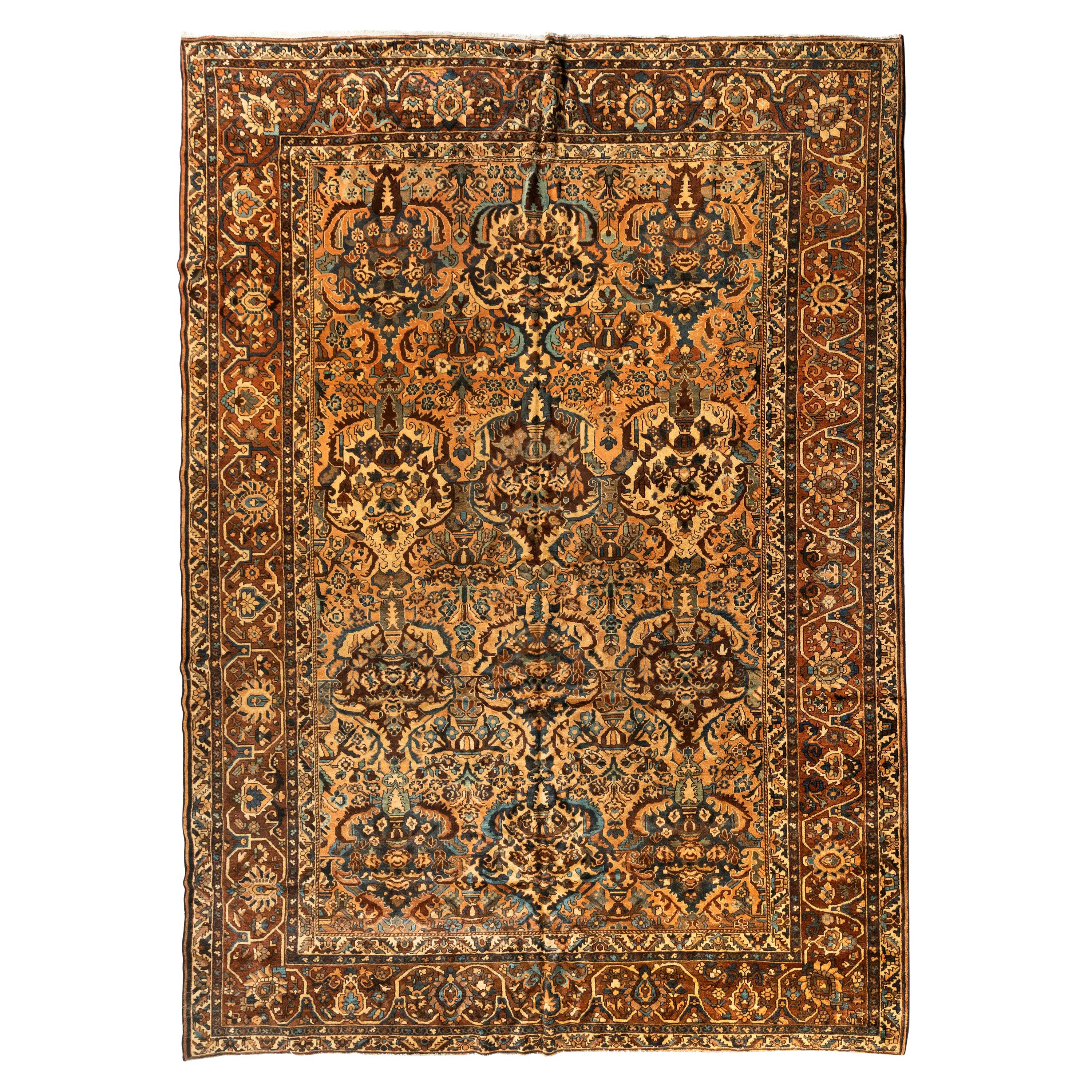 Antiker übergroßer großer persischer brauner und elfenbeinfarbener Bakhtiari-Teppich, ca. 1930er-1940er Jahre