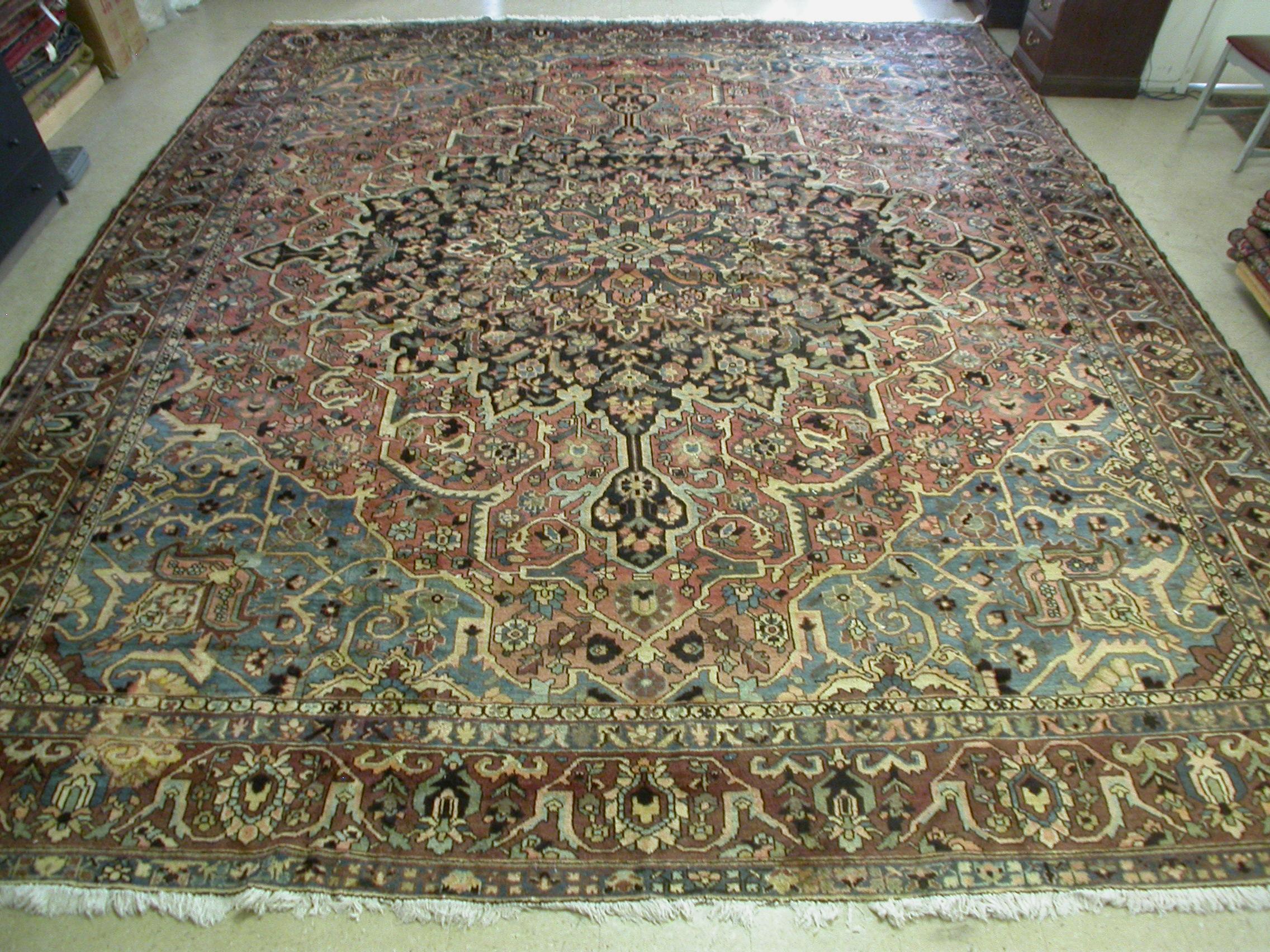 Hand-Knotted Antique Oversize Large Square Light Blue Rose Brown Bakhtiari Persian Rug, 1940s