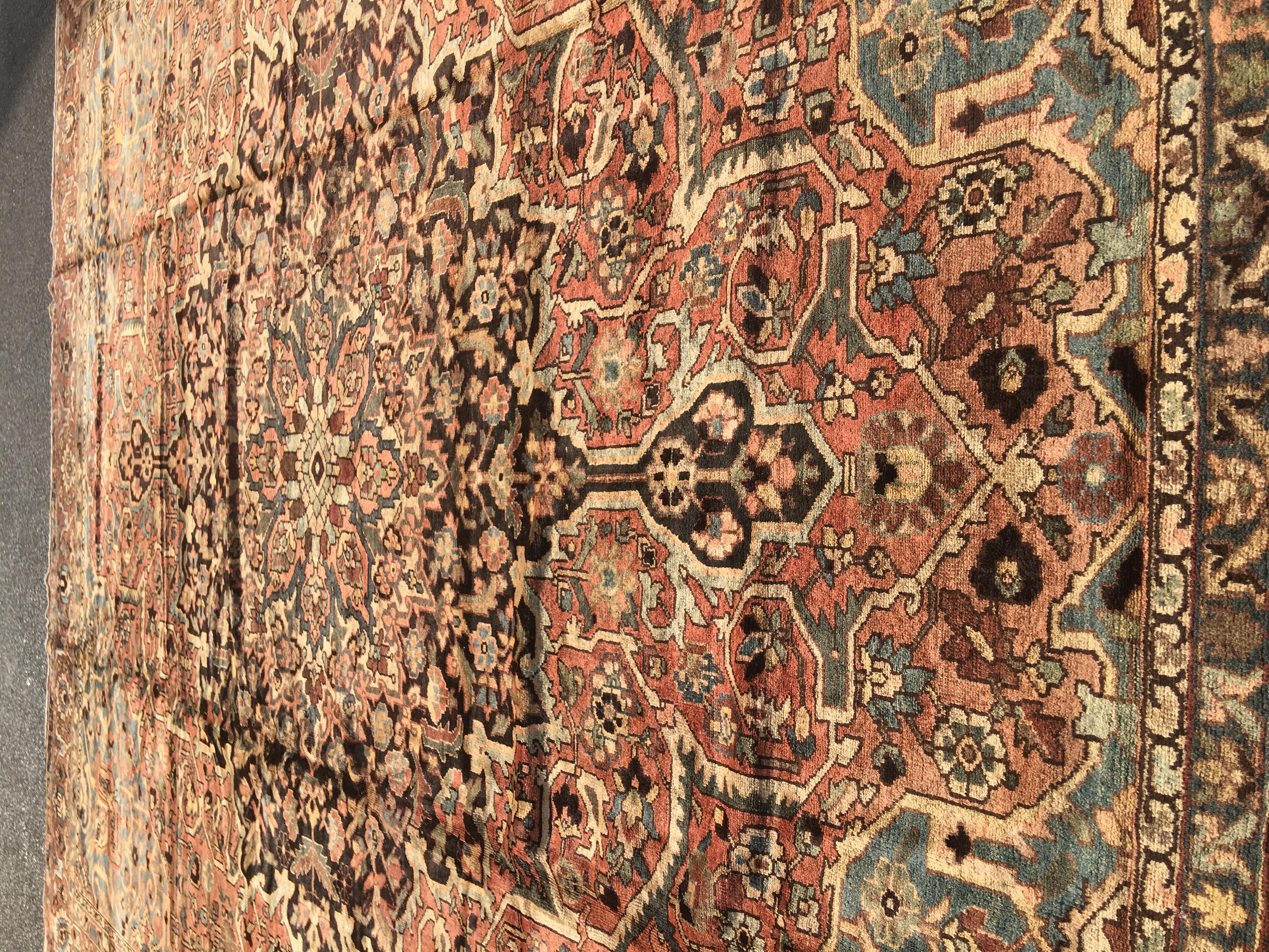 Antique Oversize Large Square Light Blue Rose Brown Bakhtiari Persian Rug, 1940s In Good Condition In New York, NY