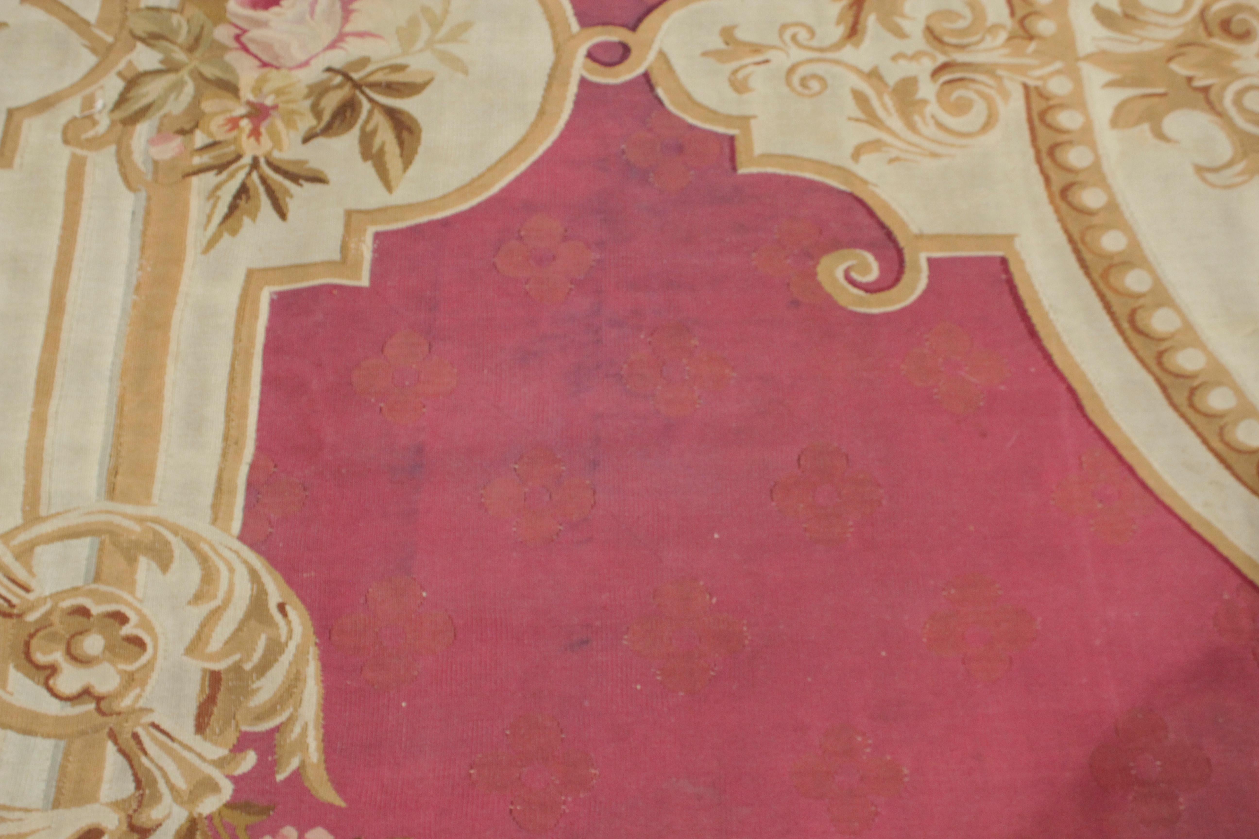 Antique Oversize Napoleon III French Aubusson Carpet in Beige and Rose Red For Sale 4