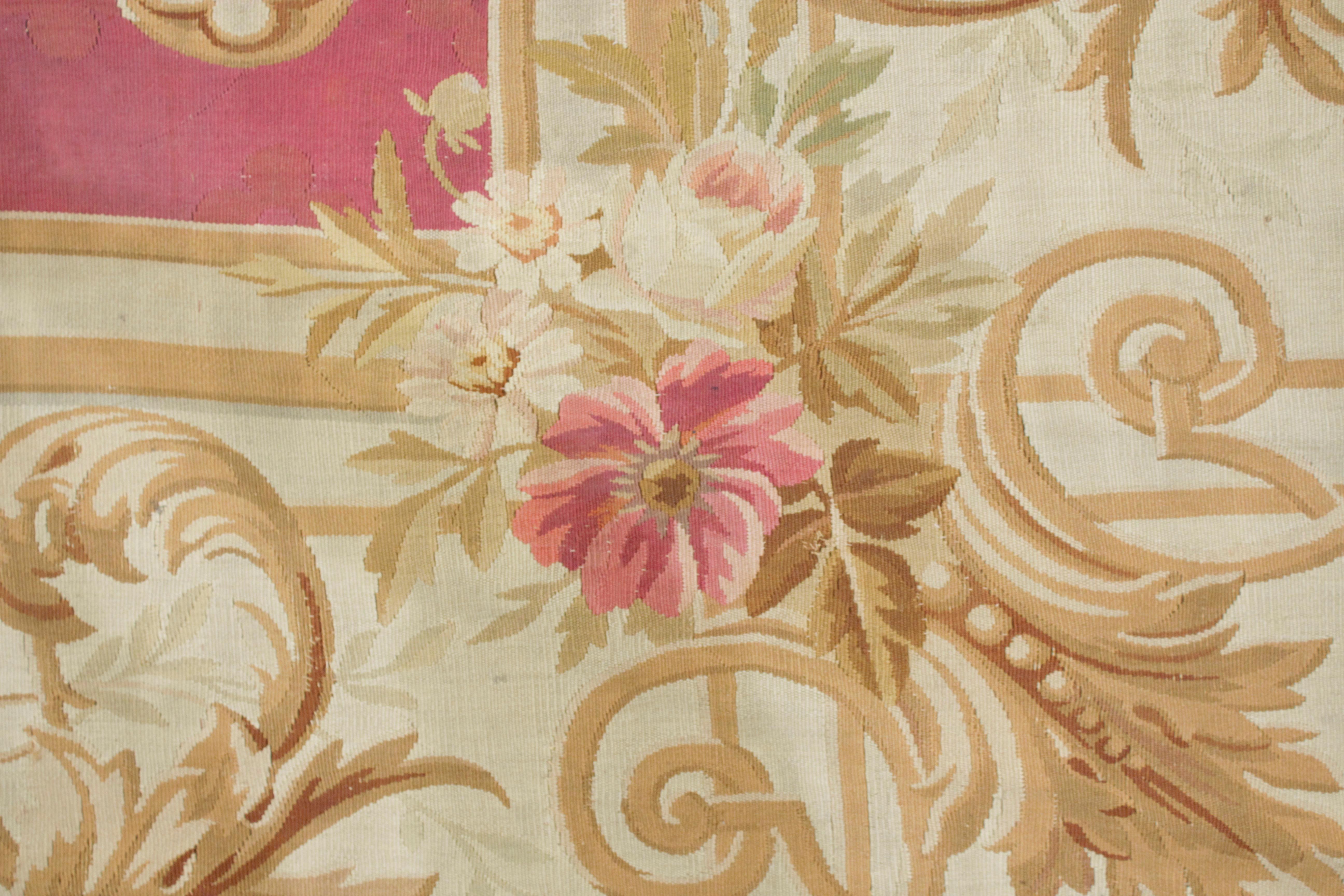 The antique Aubusson carpets dating from the Napoleon III period are distinguished by patterns which are inspired by the ceiling decorations of seventeenth and eighteenth century French palaces.	The antique Aubusson carpets from the periods