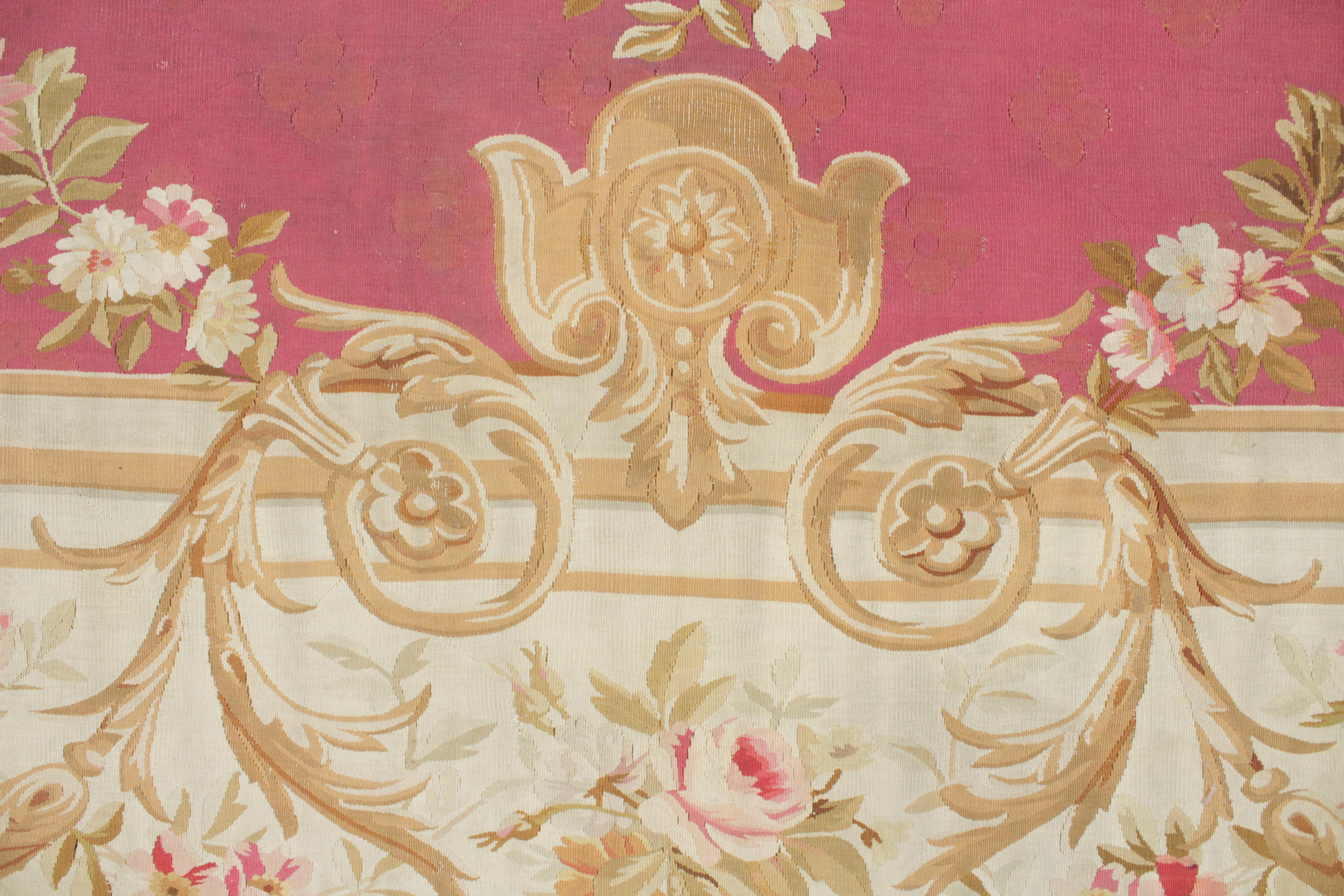Hand-Woven Antique Oversize Napoleon III French Aubusson Carpet in Beige and Rose Red For Sale