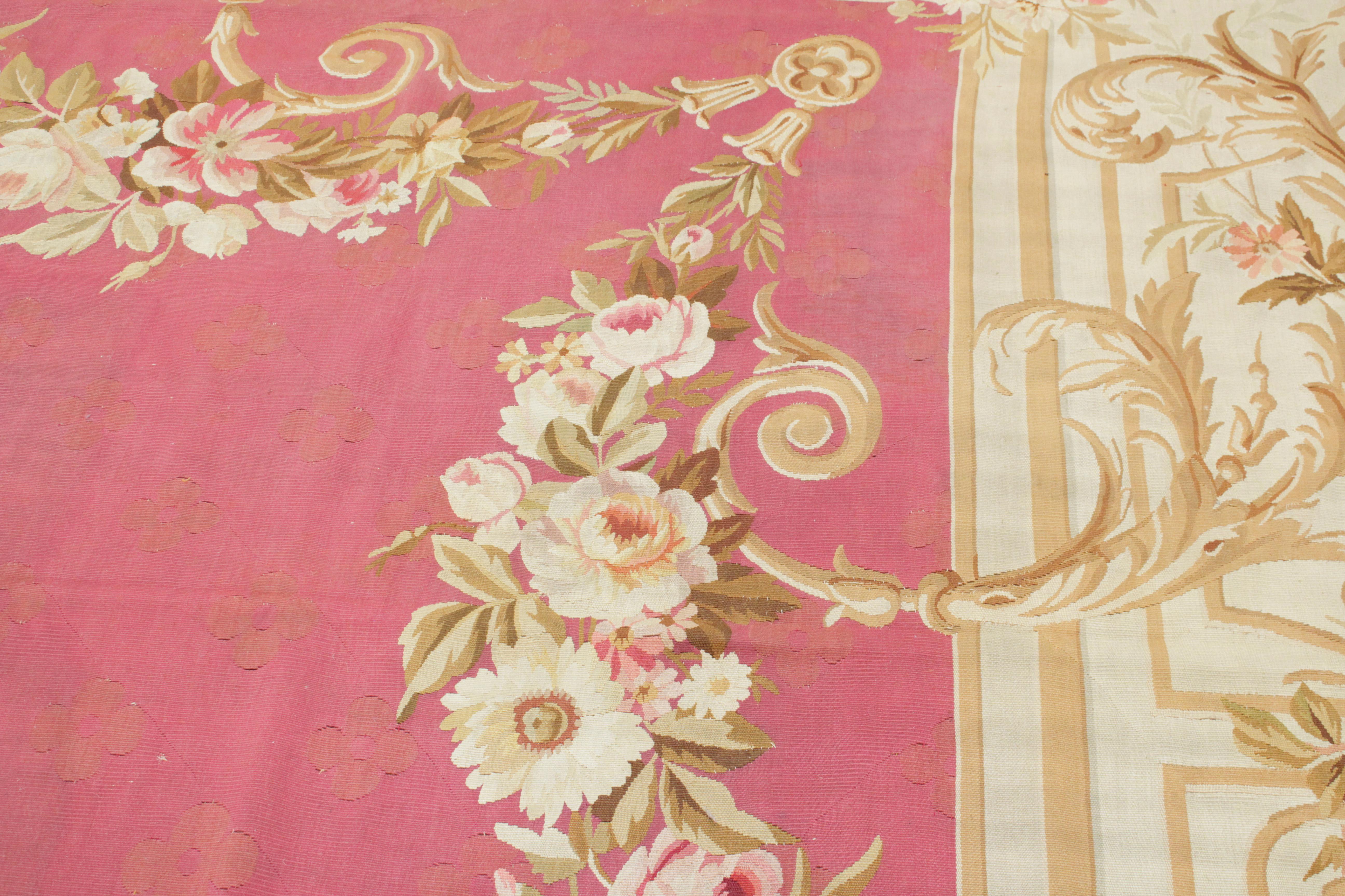 Wool Antique Oversize Napoleon III French Aubusson Carpet in Beige and Rose Red For Sale