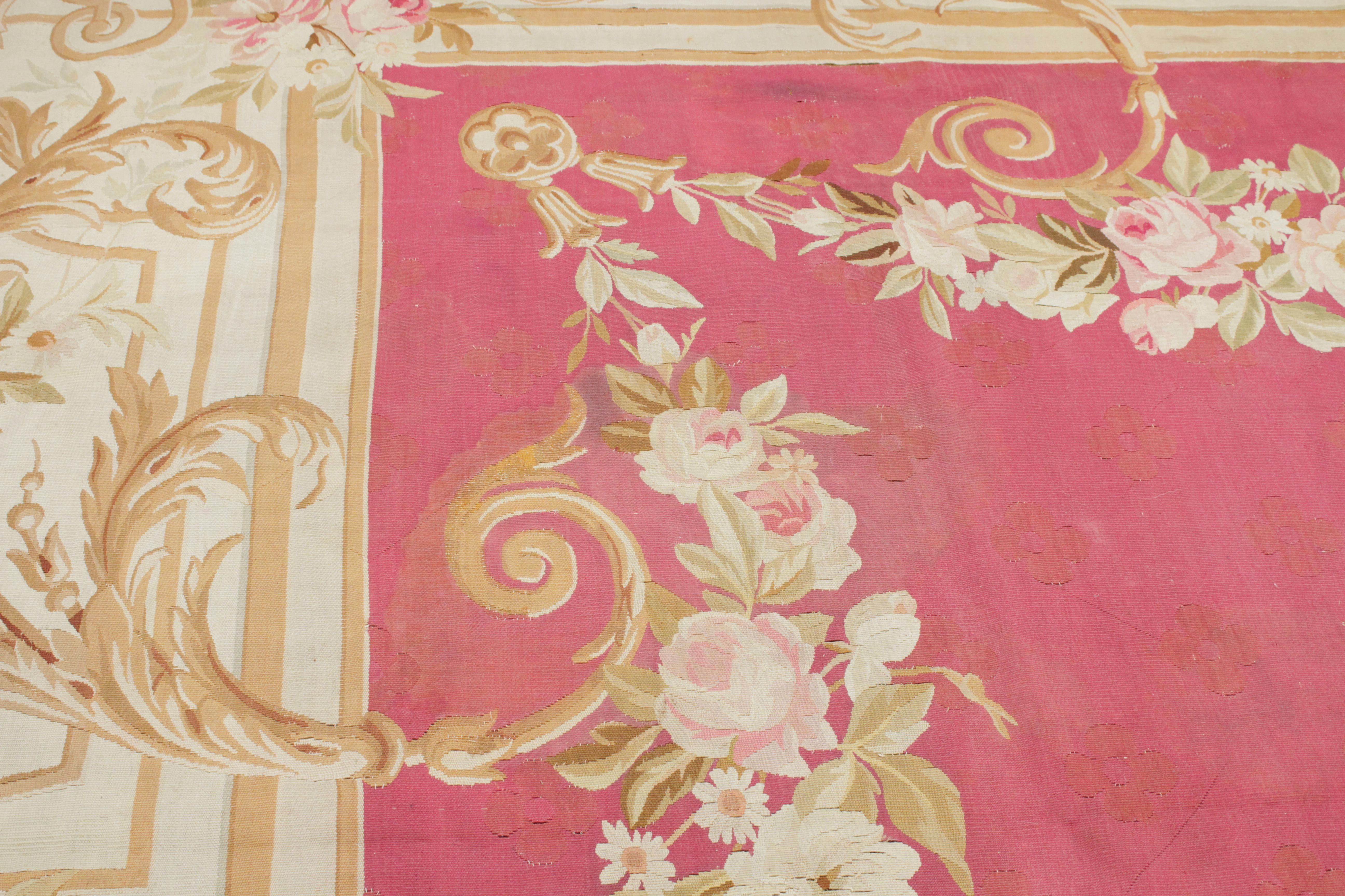 Antique Oversize Napoleon III French Aubusson Carpet in Beige and Rose Red For Sale 1
