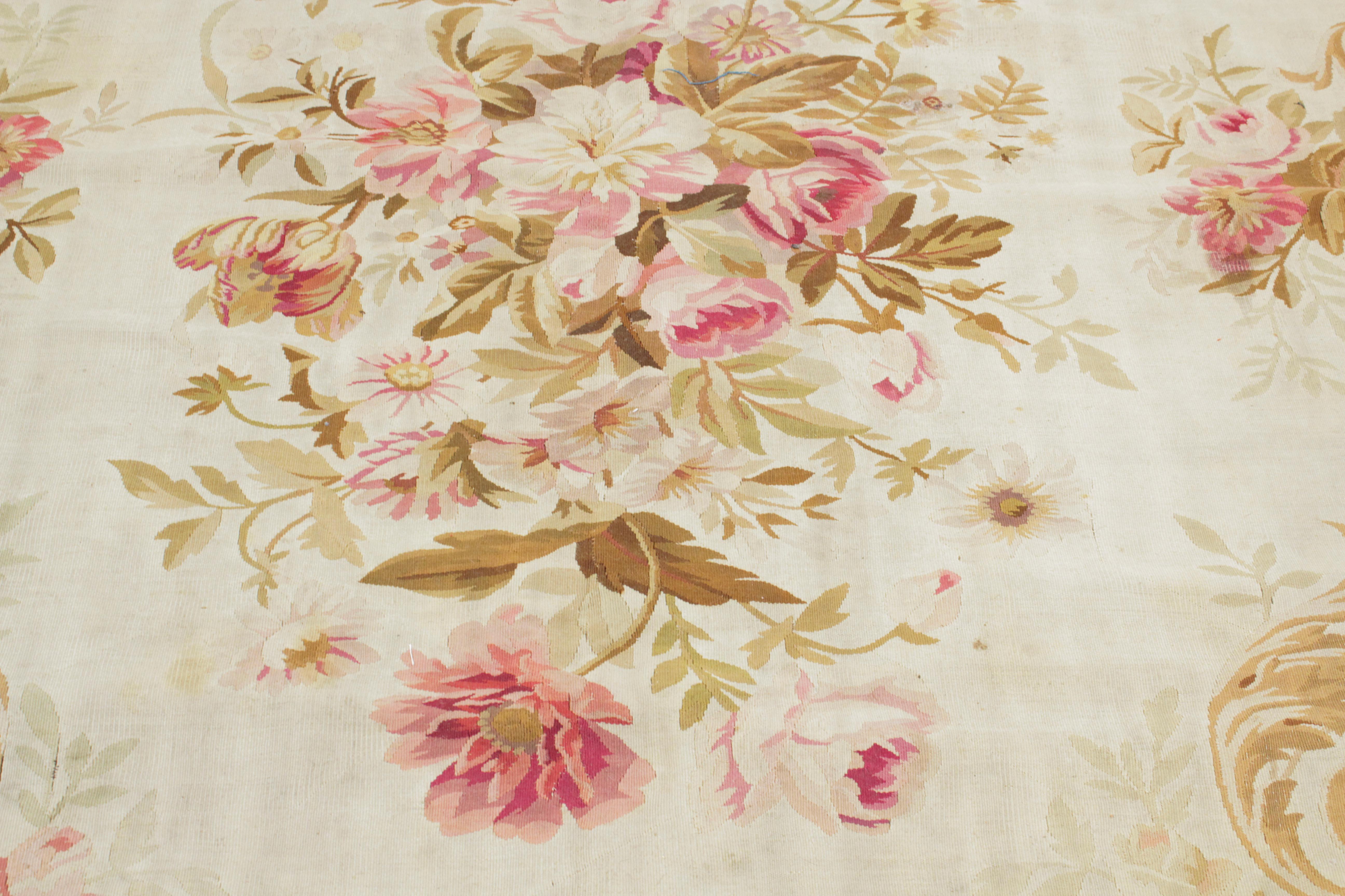 Antique Oversize Napoleon III French Aubusson Carpet in Beige and Rose Red For Sale 2