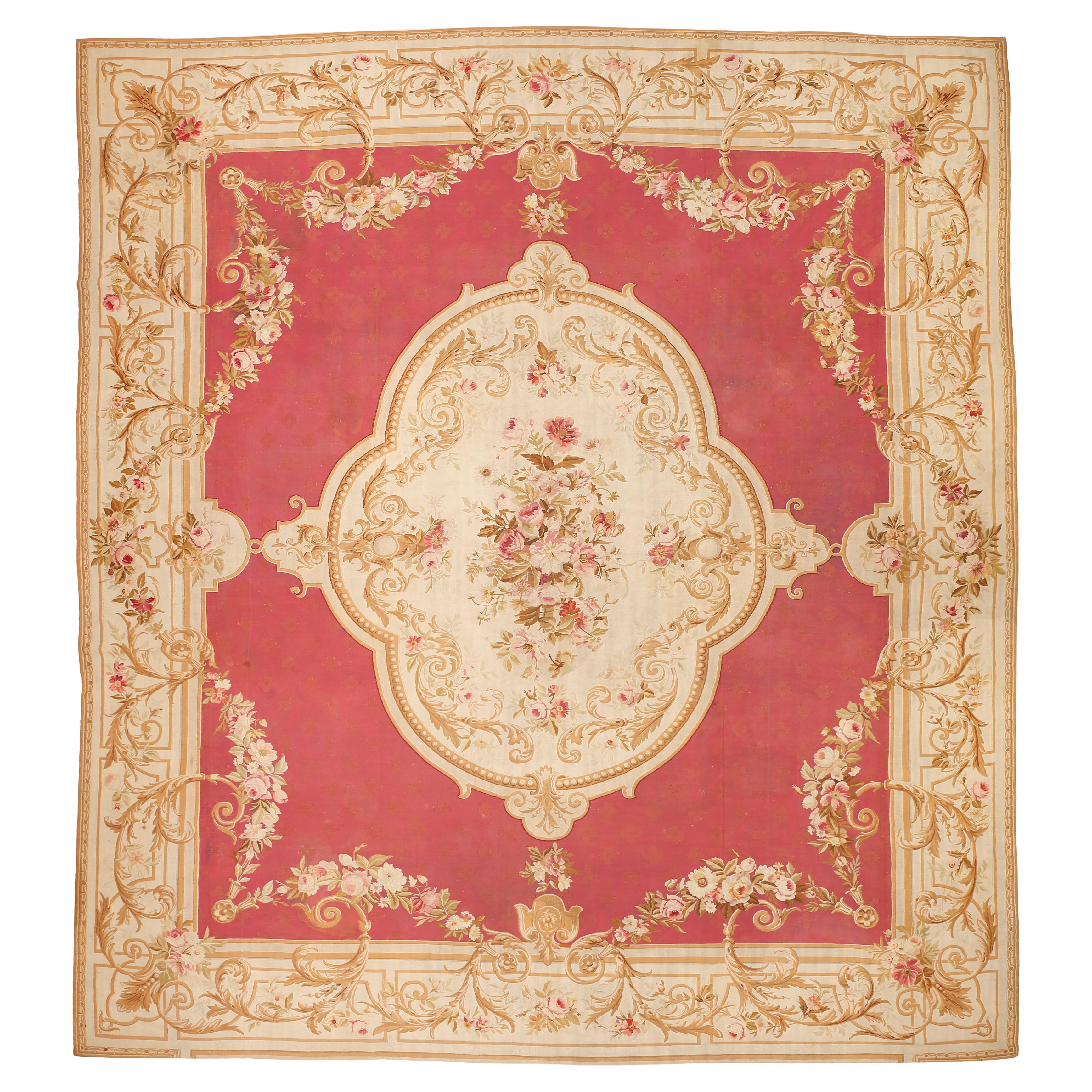Antique Oversize Napoleon III French Aubusson Carpet in Beige and Rose Red For Sale