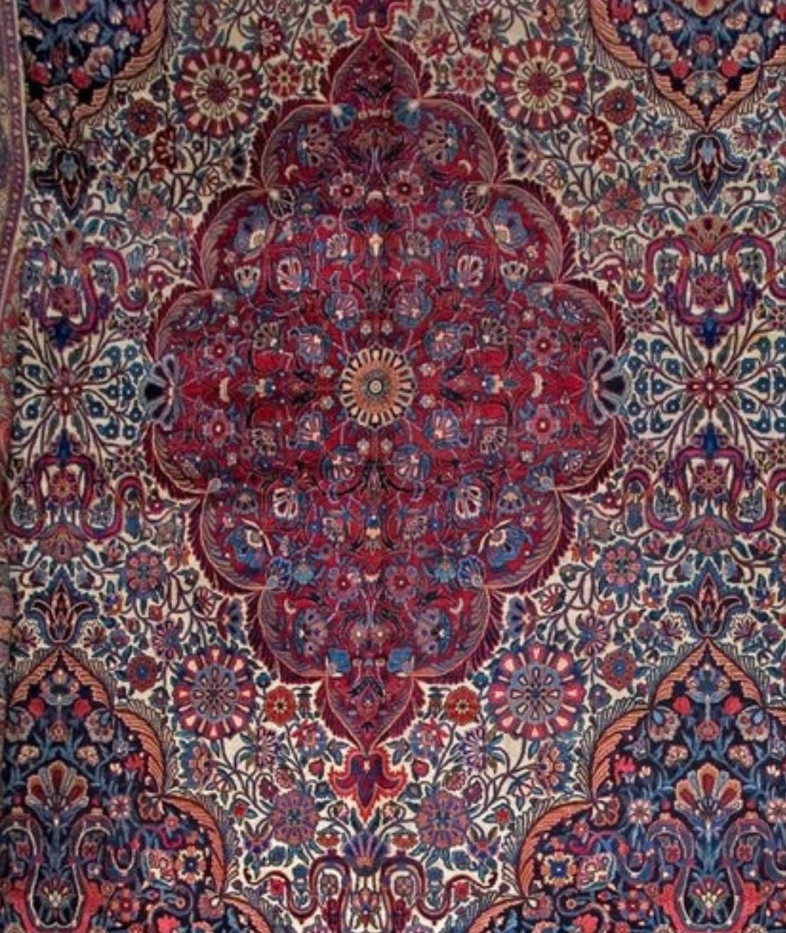 Hand-Knotted Antique Oversize Persian Blue Floral Kirman Lavar Rug, c. 1910s-1920s For Sale