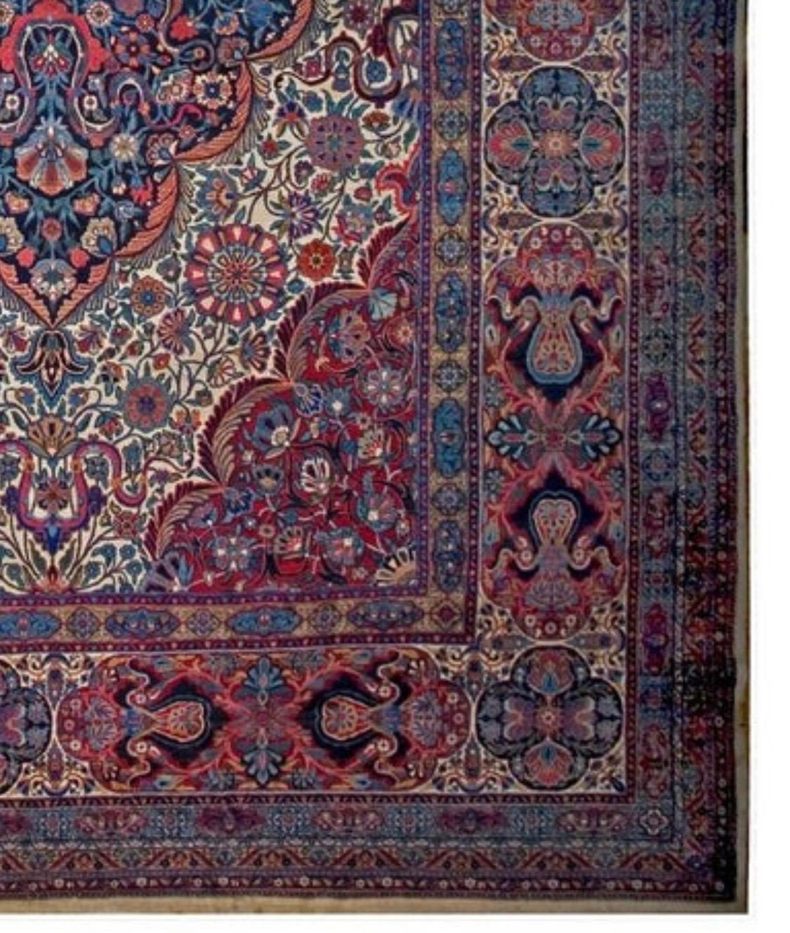 Early 20th Century Antique Oversize Persian Blue Floral Kirman Lavar Rug, c. 1910s-1920s For Sale