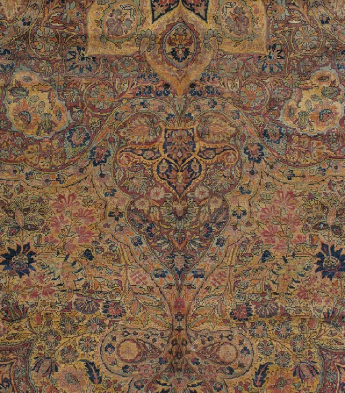 Hand-Knotted Antique Oversize Persian Gold Floral Kirman Lavar Rug, circa 1880s-1900s For Sale