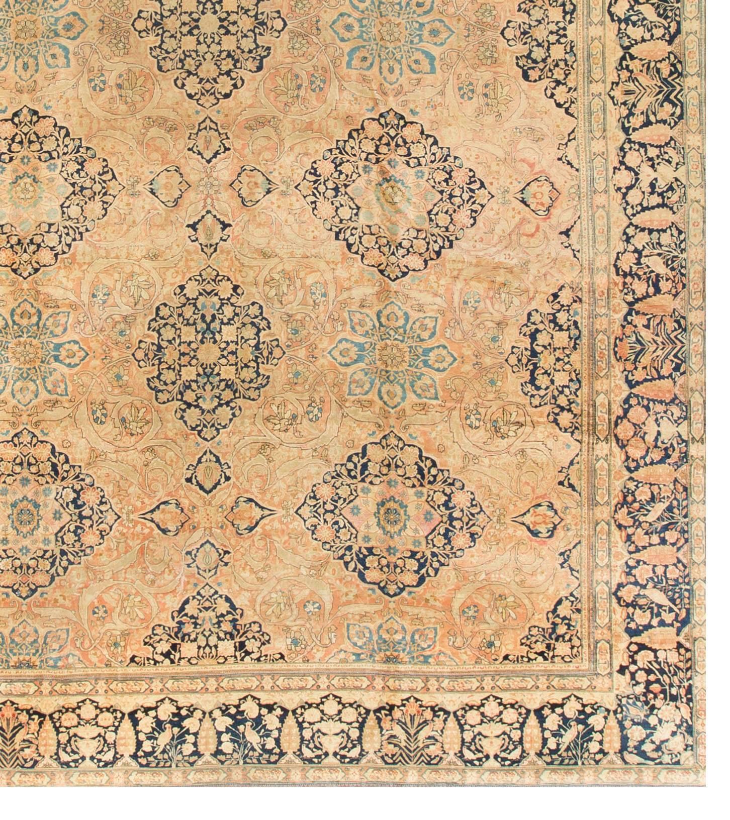 Hand-Knotted Antique Luxury Persian Kashan Mohtashem Rug, circa 1890, Size 12'6 x 19'2 For Sale
