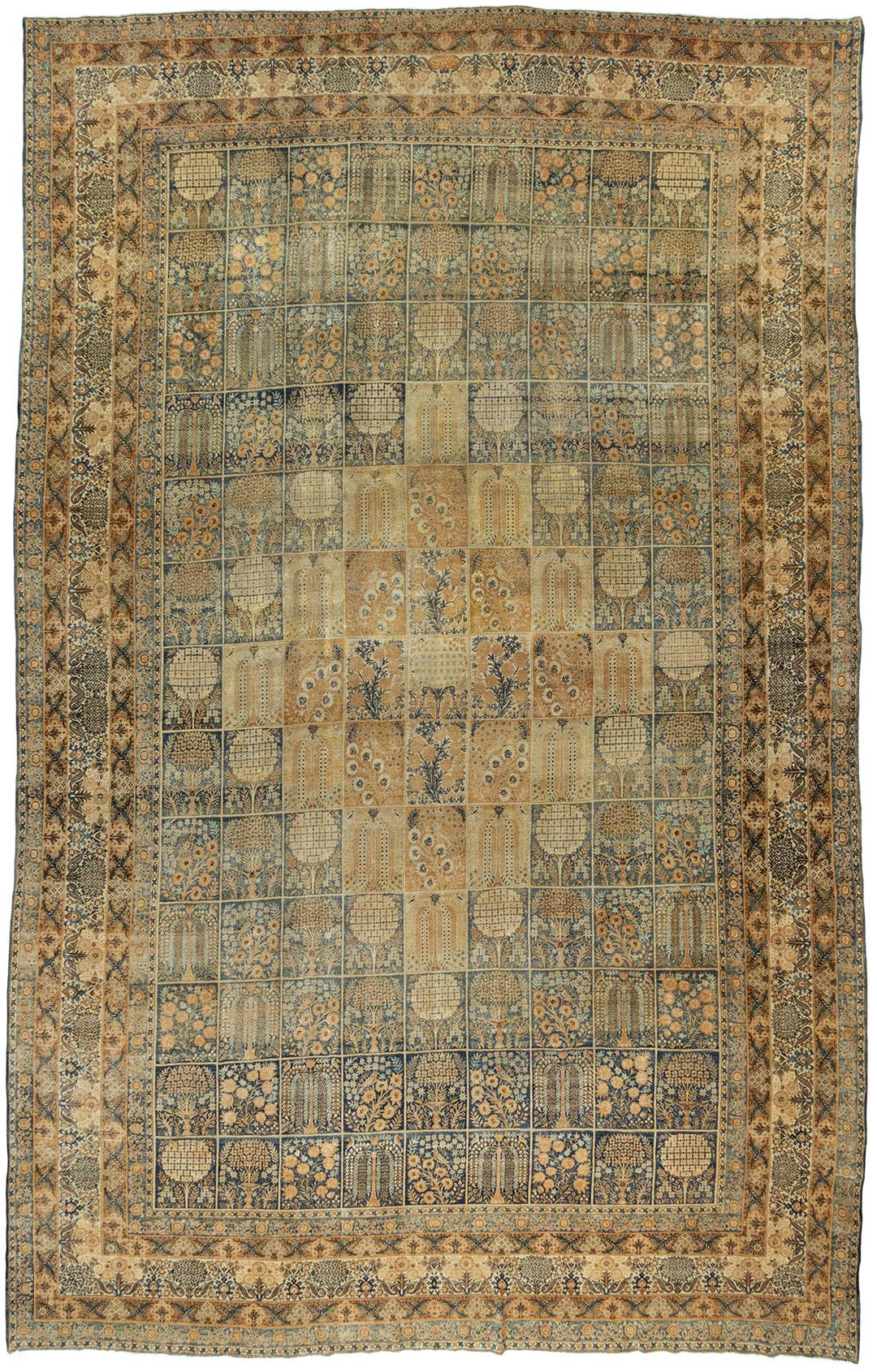 Antique Persian Kerman rug 11'11 x 18'1. A fine Kerman Garden Design Rug. The intricate field divided into rows of nine individual designs within their own frame which are repeated within the overall pattern. There are several borders surrounding