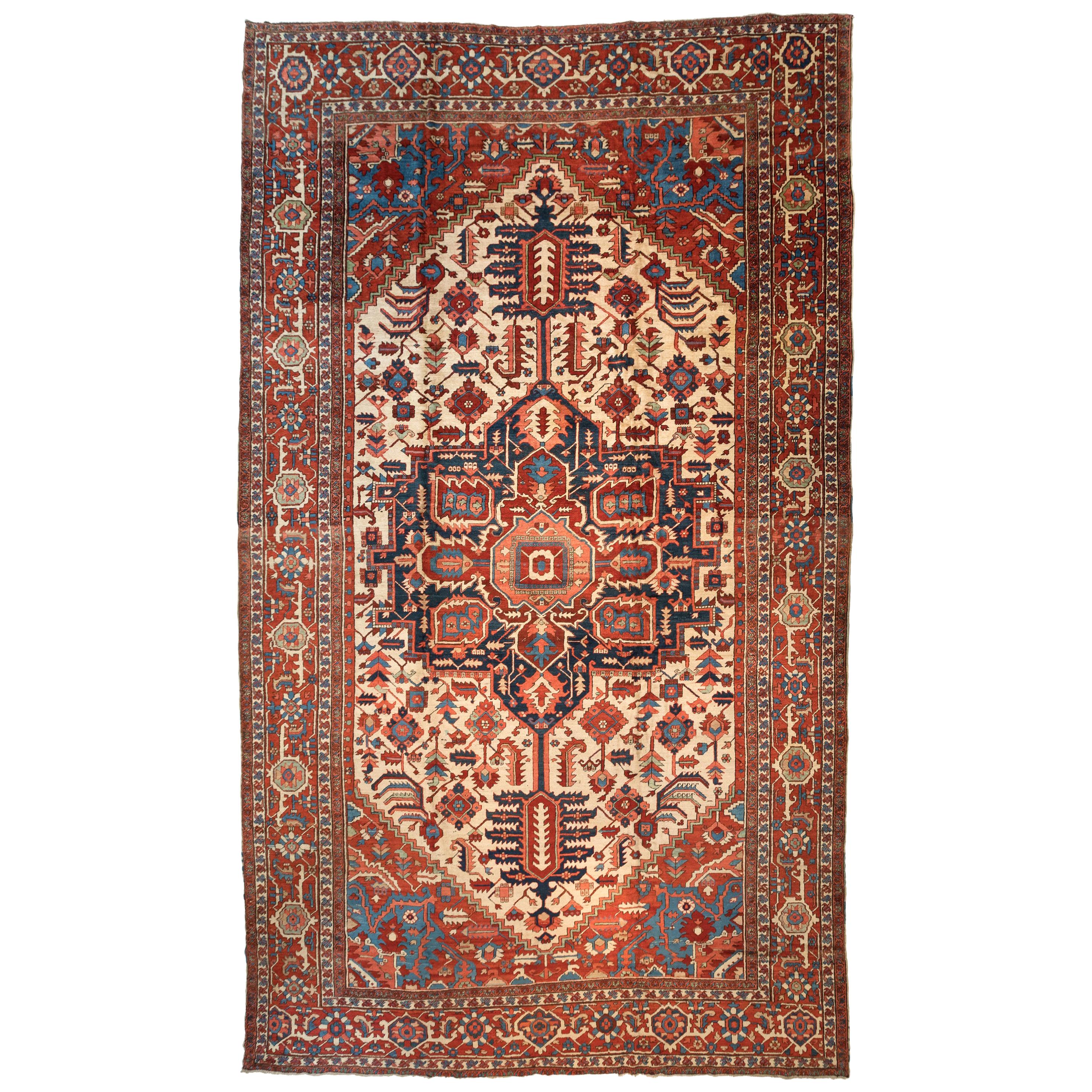 Antique Oversize Persian Red Ivory Navy Serapi Rug, c. 1875-1880