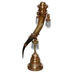 Antique Oversized Aesthetic Brass & Copper Ox Horn Candelabra Centerpiece, c1870