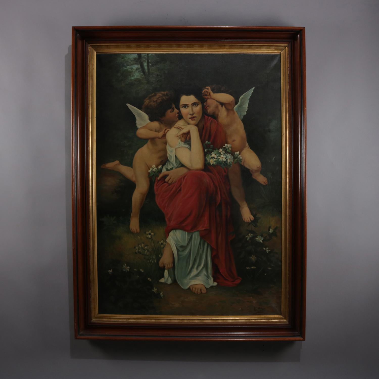 An Italian antique allegorical old master oil on canvas painting depicts neoclassical scene of woman and cherubs, signed L. Toti, circa 1900.

Measures: Overall 59