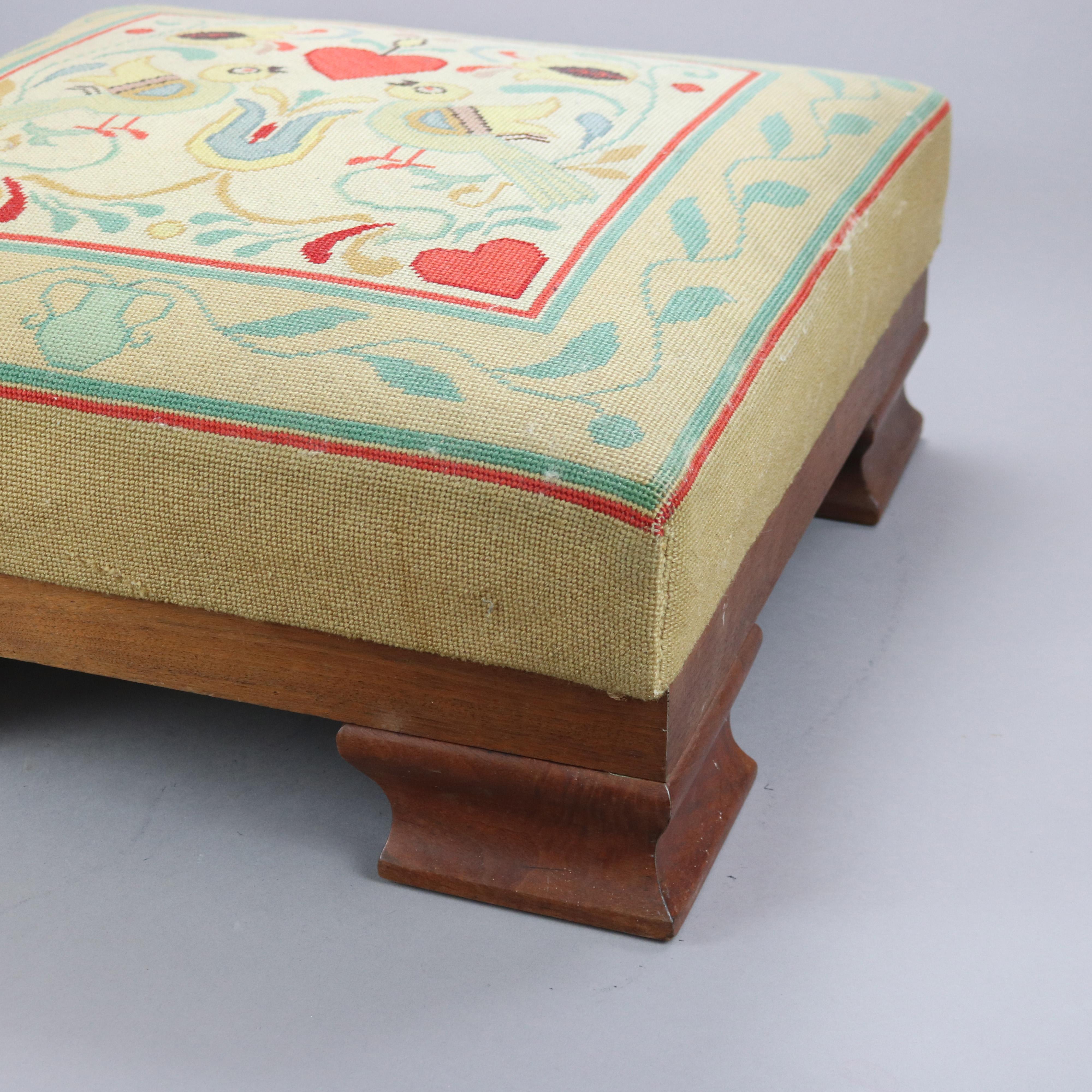 Upholstery Antique Oversized American Empire Style Needlepoint Footstool, Lovebirds, c 1890