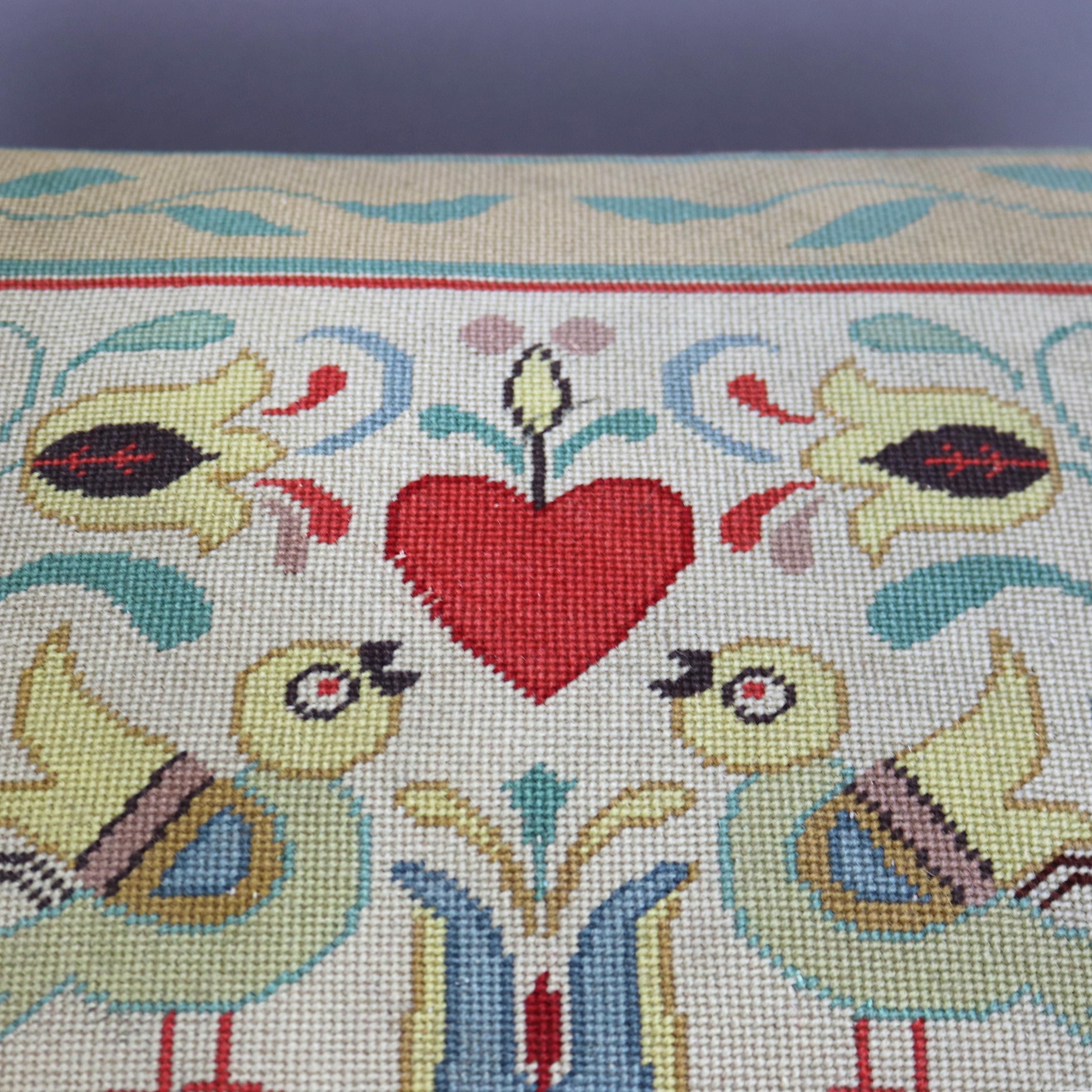 Antique Oversized American Empire Style Needlepoint Footstool, Lovebirds, c 1890 2