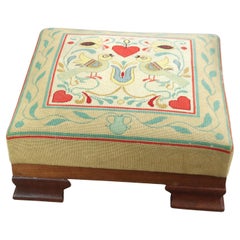 Antique Oversized American Empire Style Needlepoint Footstool, Lovebirds, c 1890