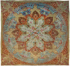 Antique Oversized Aubusson Square Tapestry with Floral Medallion - Rug & Kilim